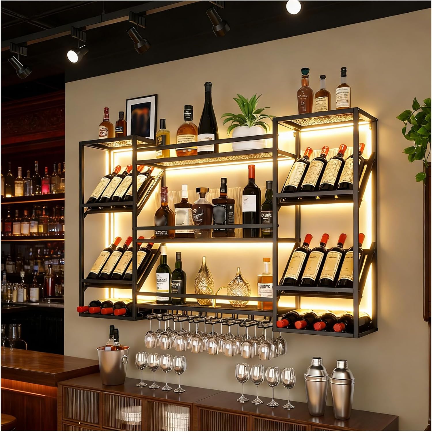 3-Tier Wall Mounted Wine Rack with Safety Crossbar, Large Floating Bar Shelves with 3 Fixed Display Angles (45°, 90°, 180°) & Glass Holder, Metal Wall Wine Rack for Home Bar Dining Room (55.12in)
