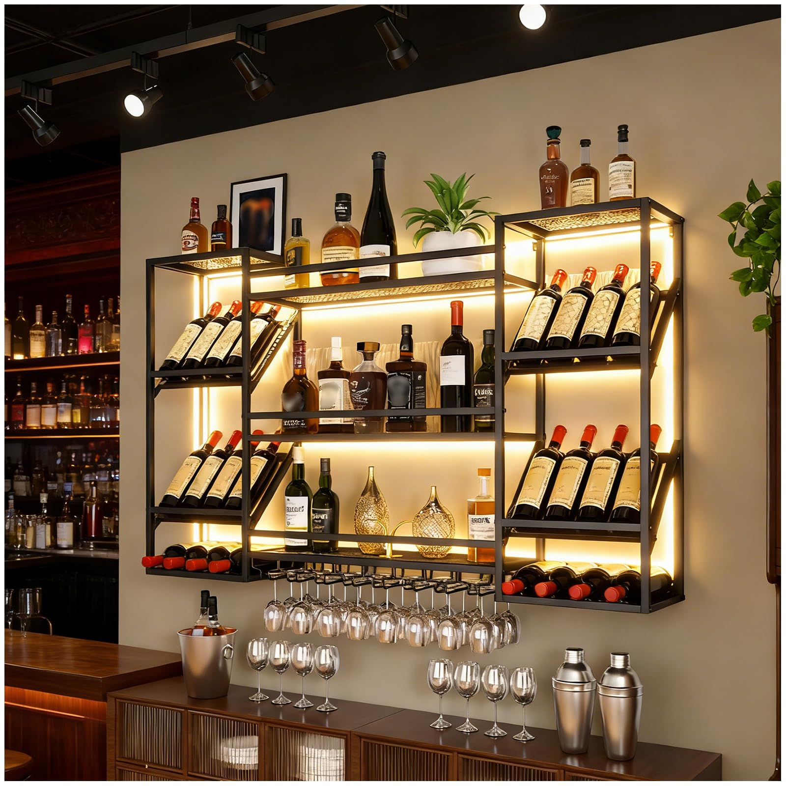 Wandweinregal Metall mit Glashalter, 3 Ebenen Weinregal Wand mit Schutzreling, Schwebendes Barregal für Weinflaschen & Weingläser, 3-Winkel-Halterung (45°, 90°, 180°), Industrie-Stil (100CM)