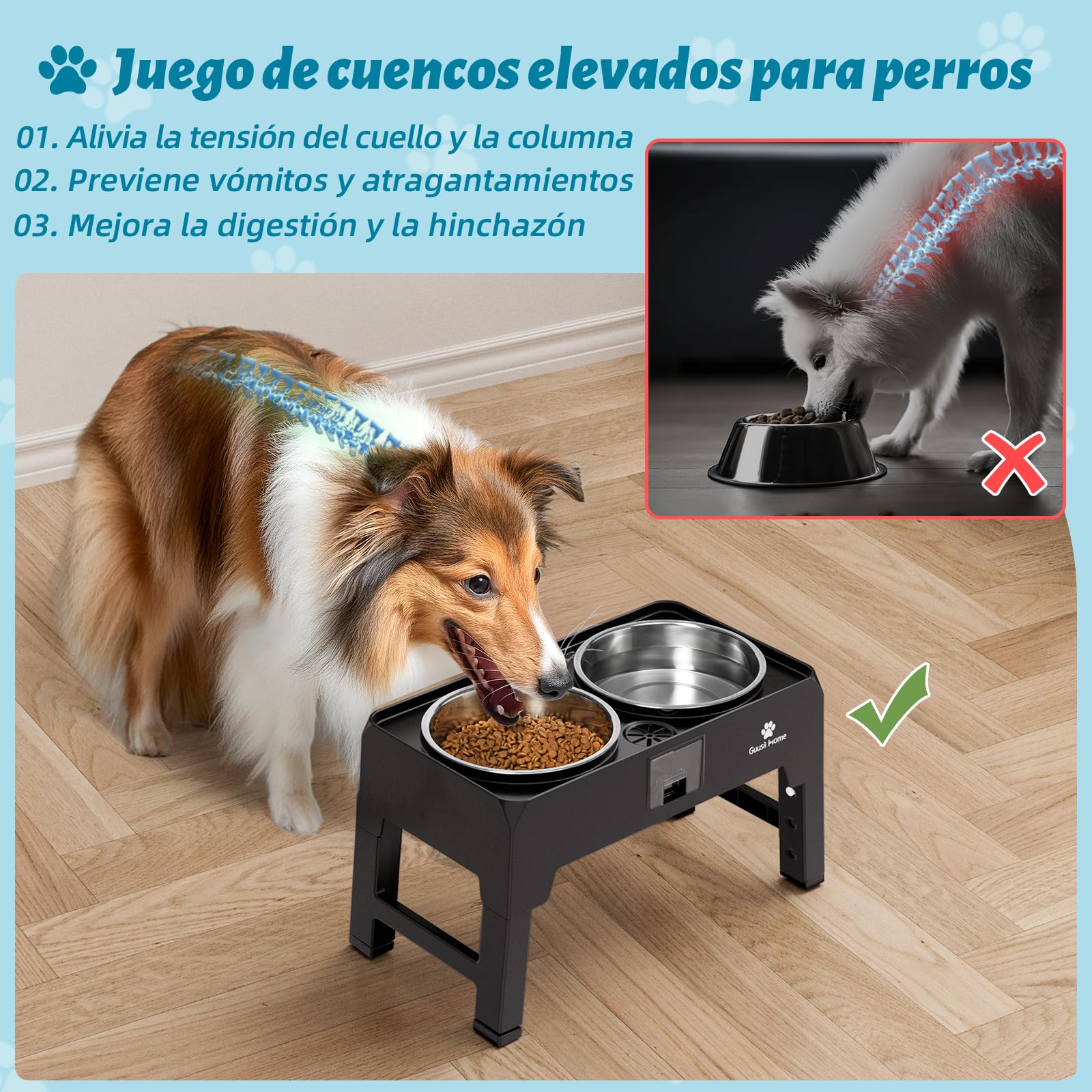GUUSII HOME Comedero Perro Elevado Grande Cuenco Alto Perro Soporte Comederos y Bebedero para Perros Grandes Elevador Bol Altura Ajustable 43.5 * 24.4 * 12/25.7/29.7/33.7cm 2000ml Elevated Dog Bowl