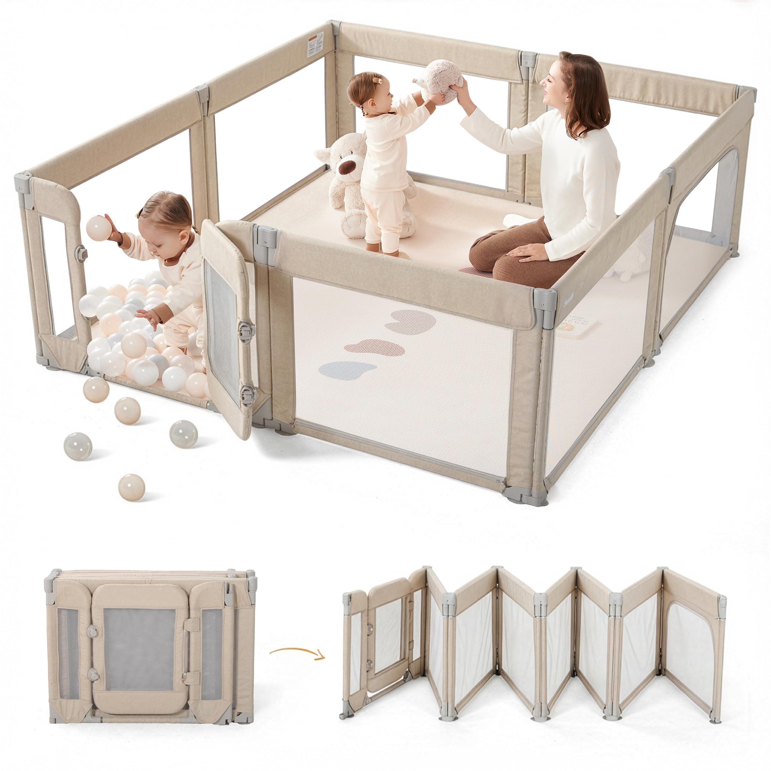 Photo 1 of Sweeby Foldable Baby Playpen, 79x71 Playpens for Babies and Toddlers Large Play Yard with Door Baby Fence with Gate and Indoor & Outdoor Play Pen, Light Khaki