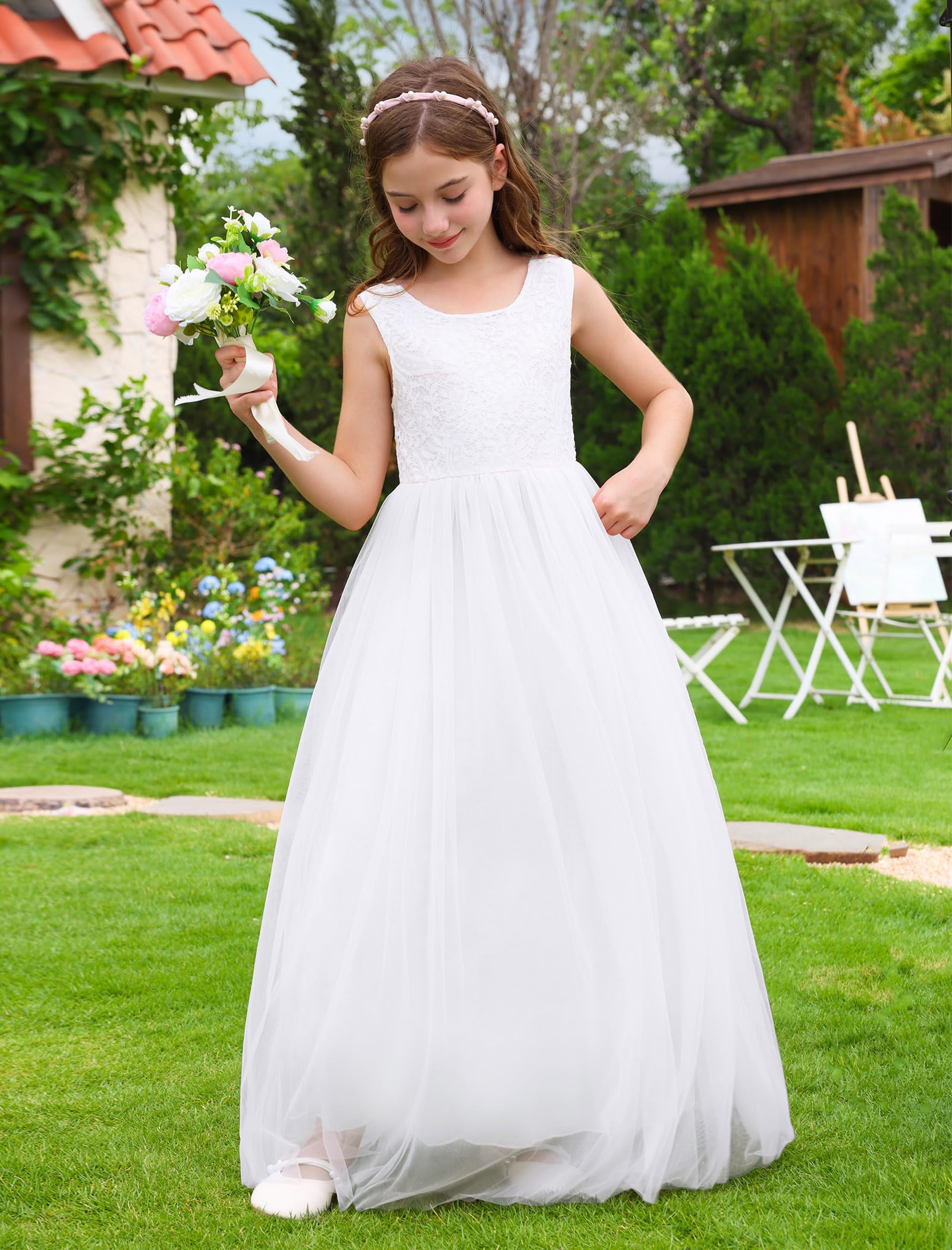 Abito elegante in pizzo, senza maniche, con scollo a V, schiena in tulle, per feste, matrimoni, damigelle d'onore, prima comunione, compleanno, principessa