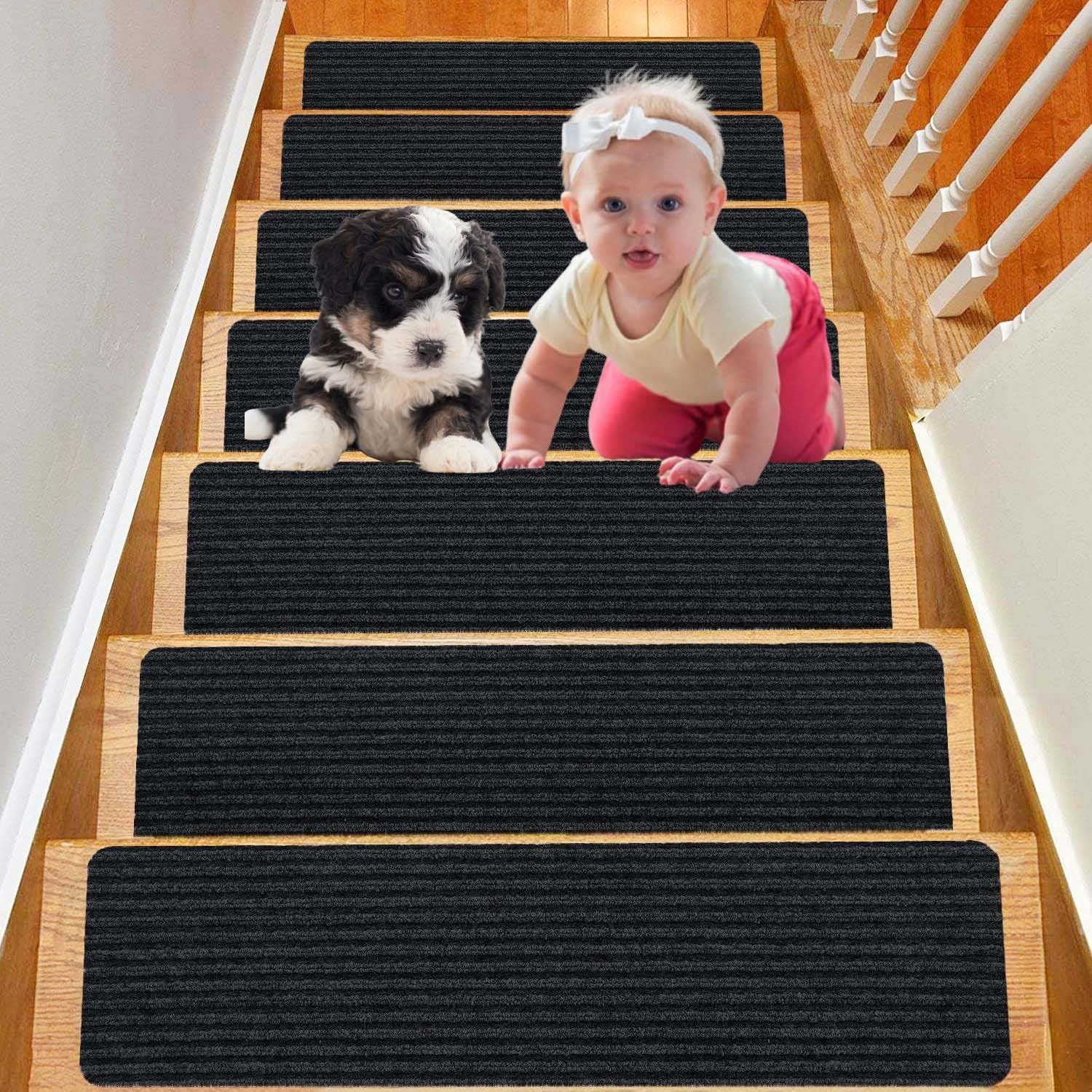 Duscdesp Stair Treads Carpet 15 Pack,60x20cm Peel and Stick Stair Runner,Self-Adhesive Anti Slip Carpet for Staircases,Suitable for Children,Elderly,and Pets(black)