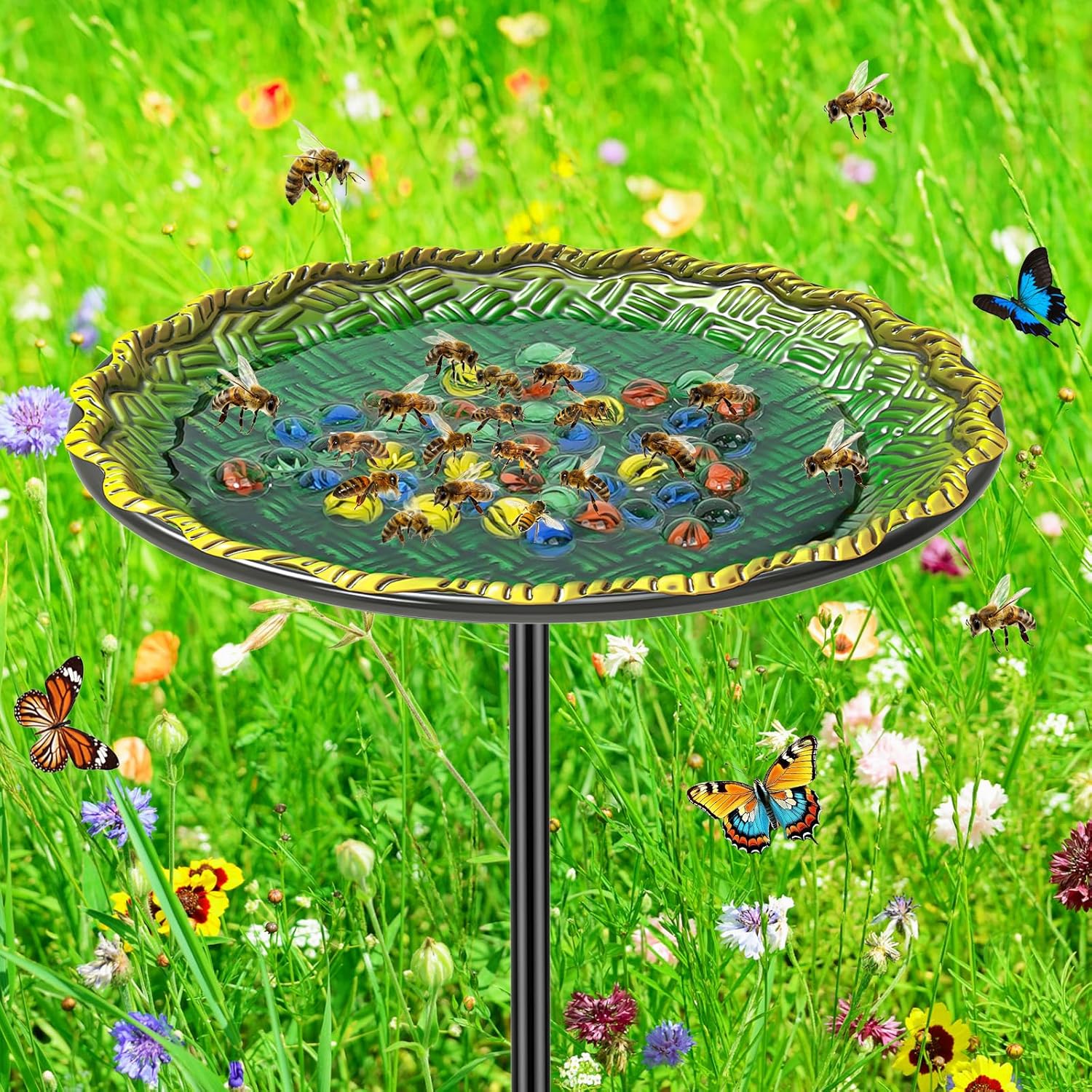 Bee Butterflies Watering Station, Standing Bee Feeder with Glass Marbles for Outside, Bee Bath Feeder with Metal Stakes Butterfly Puddler Garden Yard Déco (Green)