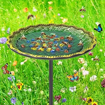 Bee Butterflies Watering Station, Standing Bee Feeder with Glass Marbles for Outside, Bee Bath Feeder with Metal Stakes Butterfly Puddler Garden Yard Deco Green