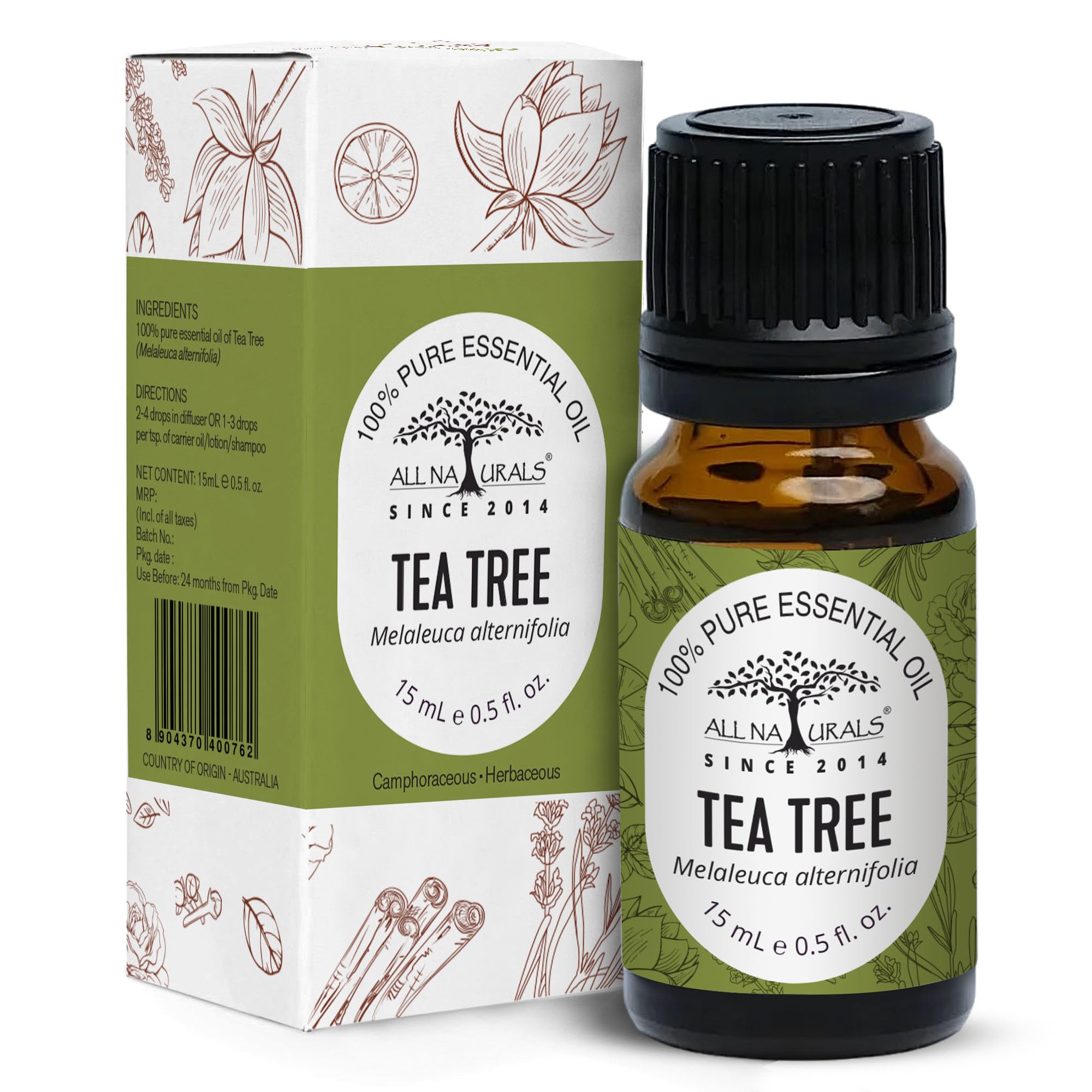 100% Pure Tea Tree Essential Oil (Australia) for Hair, Face, Acne Care | Undiluted & Therapeutic Grade - 15 ML