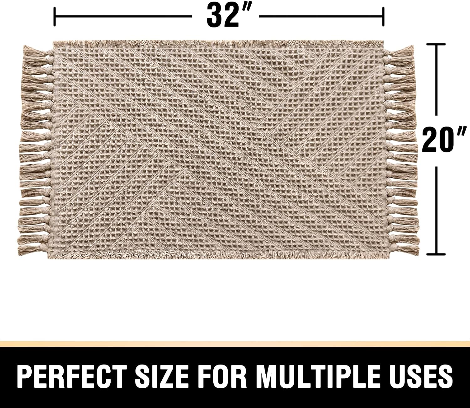 H.VERSAILTEX Waffle Bath Mat Super Absorbent Boho Bath Mat Non Slip Bath Rugs for Bathroom Floor Machine Washable Dry Fast Bathroom Rugs with Handmade Tassels, 20" x 32", Irish Cream image 2