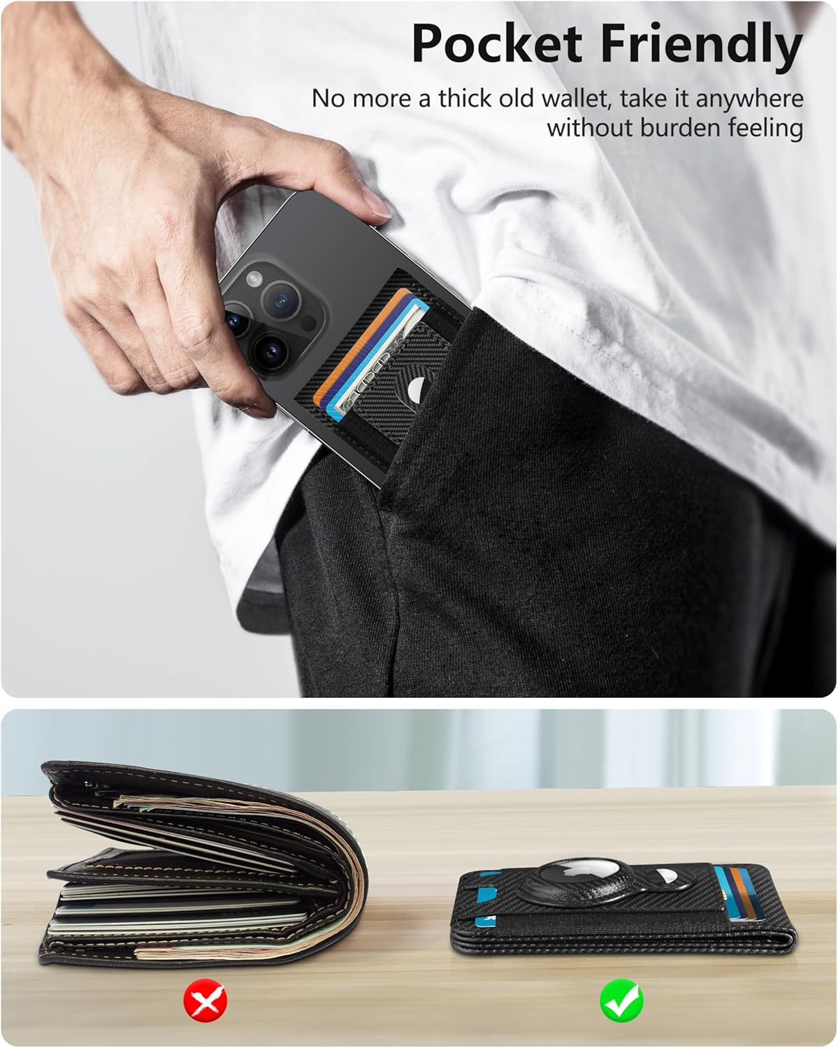 ExtreLife for Magsafe Wallet with Airtag Holder, Magnetic Wallet for iPhone 17/16/15/14/13/12 Series, 9-Card Holder, Open ID Window, Adjustable Stand, RFID Blocking, Black Carbon Fiber - Image 7