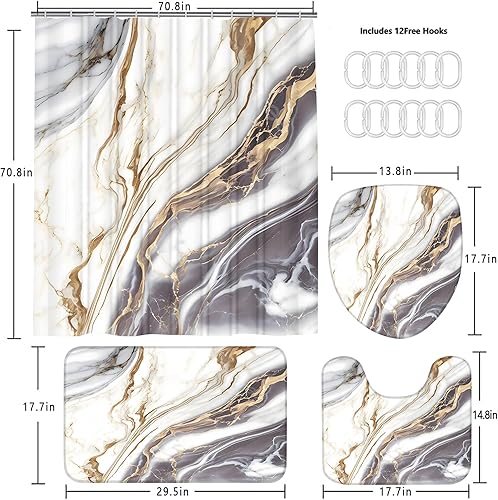 Vista 58 de Nkzply Juego de 4 cortinas de ducha de mármol negro con alfombras, juegos de baño dorados con cortina de ducha y alfombras, accesorios de decoración
