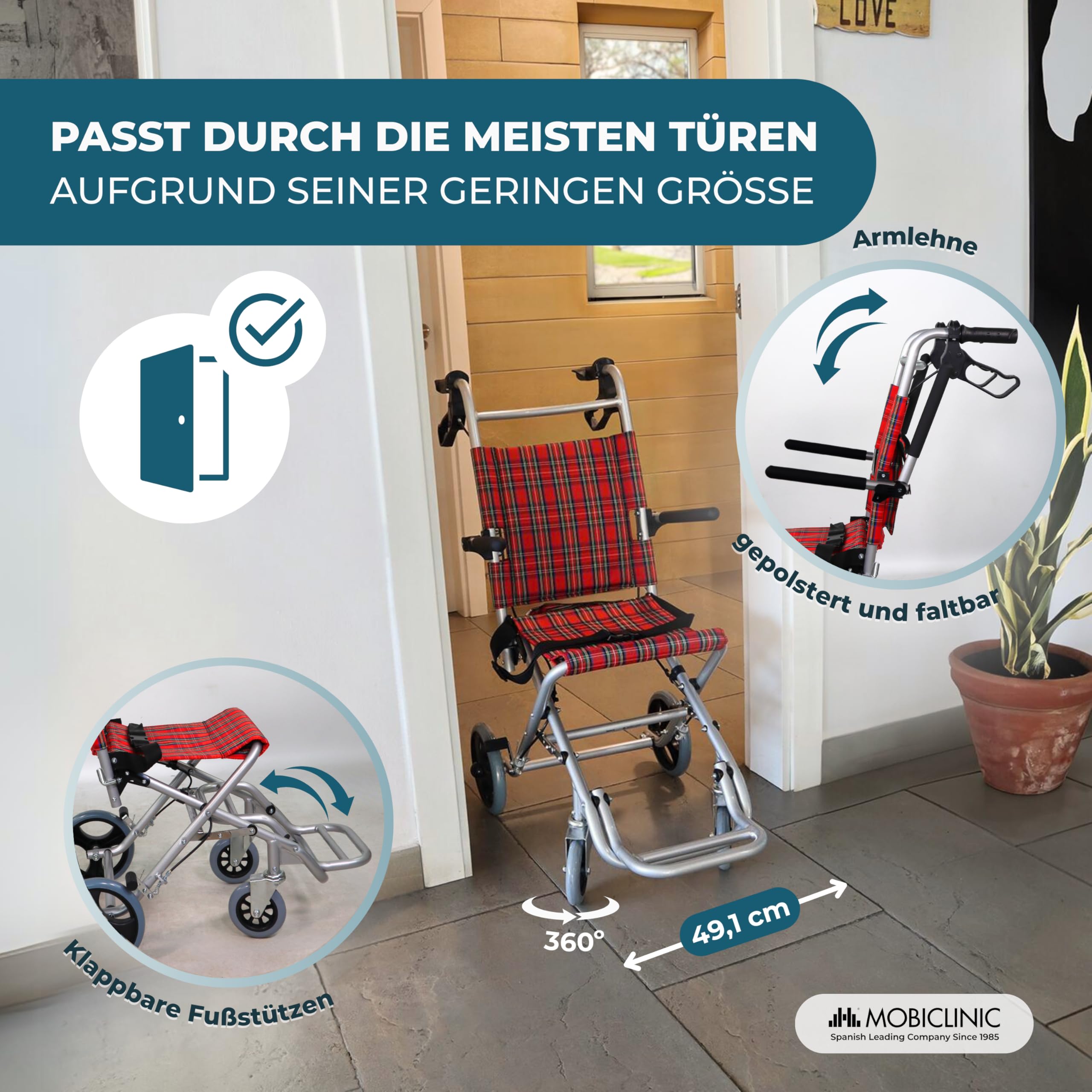 Mobiclinic®, Transitrollstuhl, Modell Neptuno, Aluminium, Klappbar, Bremse an den Griffen, Europäische Marke, Klappbare Fußstützen, Klappbare Armlehnen, Leichtgewicht, mit Sicherheitsgurt