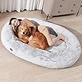 Homguava Large Human Dog Bed 75.5"x55"x12" Human-Sized Big Dog Bed for Adults&Pets Giant Beanbag Bed with Washable Fur Cover,Blanket and Strap, Grey Plush
