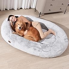 Homguava Large Human Dog Bed 75.5"x55"x12" Human-Sized Big Dog Bed for Adults&Pets Giant Beanbag Bed with Washable Fur Cover,Blanket and Strap, Grey Plush
