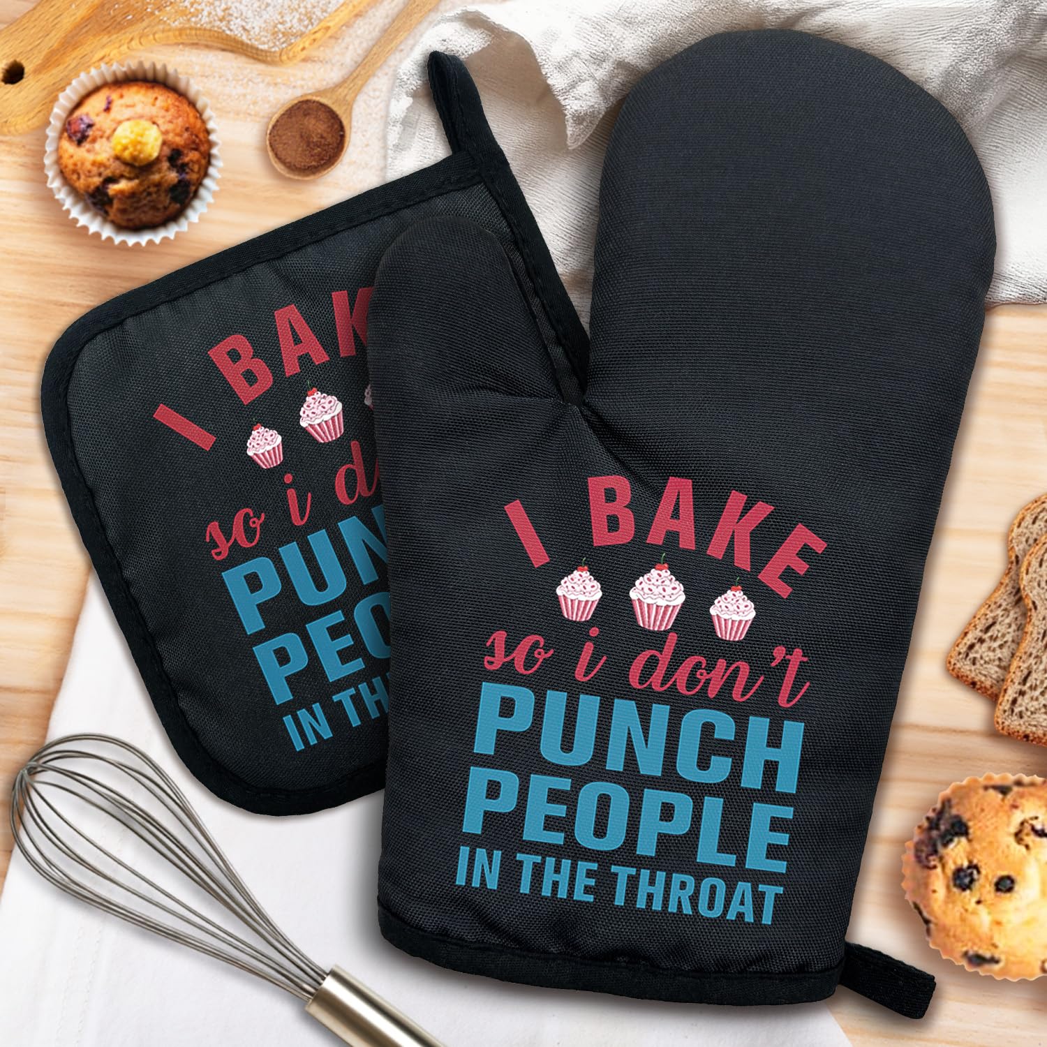 ZHANTUONE I Bake So I Don't Punch People in The Throat Funny Heat Resistant Oven Mitts and Pot Holders Set with Silicone Non-Slip, Women Bakers