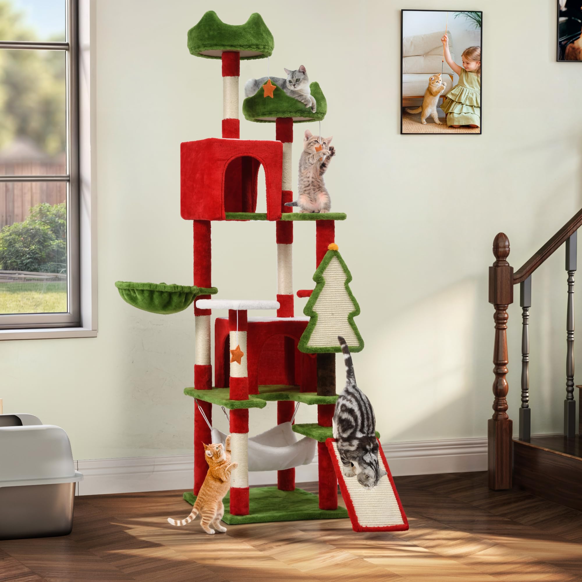 YITAHOME Torre per Tiragraffi per Gatti da 190 cm con Condomini, Trespoli Superiori, Amaca, Pali e Tiragraffi in Sisal, Centro Attività di Gioco per Gattini, Decorazioni Natalizie