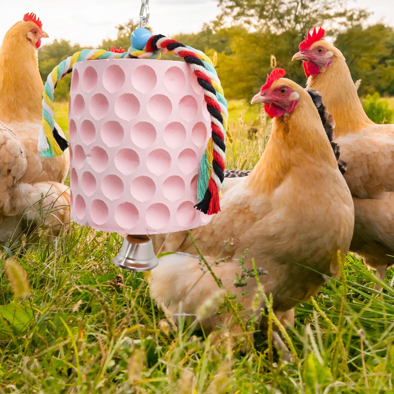 Oooct Juguete grande para masticar pollo, pico de pollito, piedra de calcio con campanas, accesorios de gallinero, juguetes de jaula para cacatúa, periquito, loro, periquito, rata, hámster, conejo,