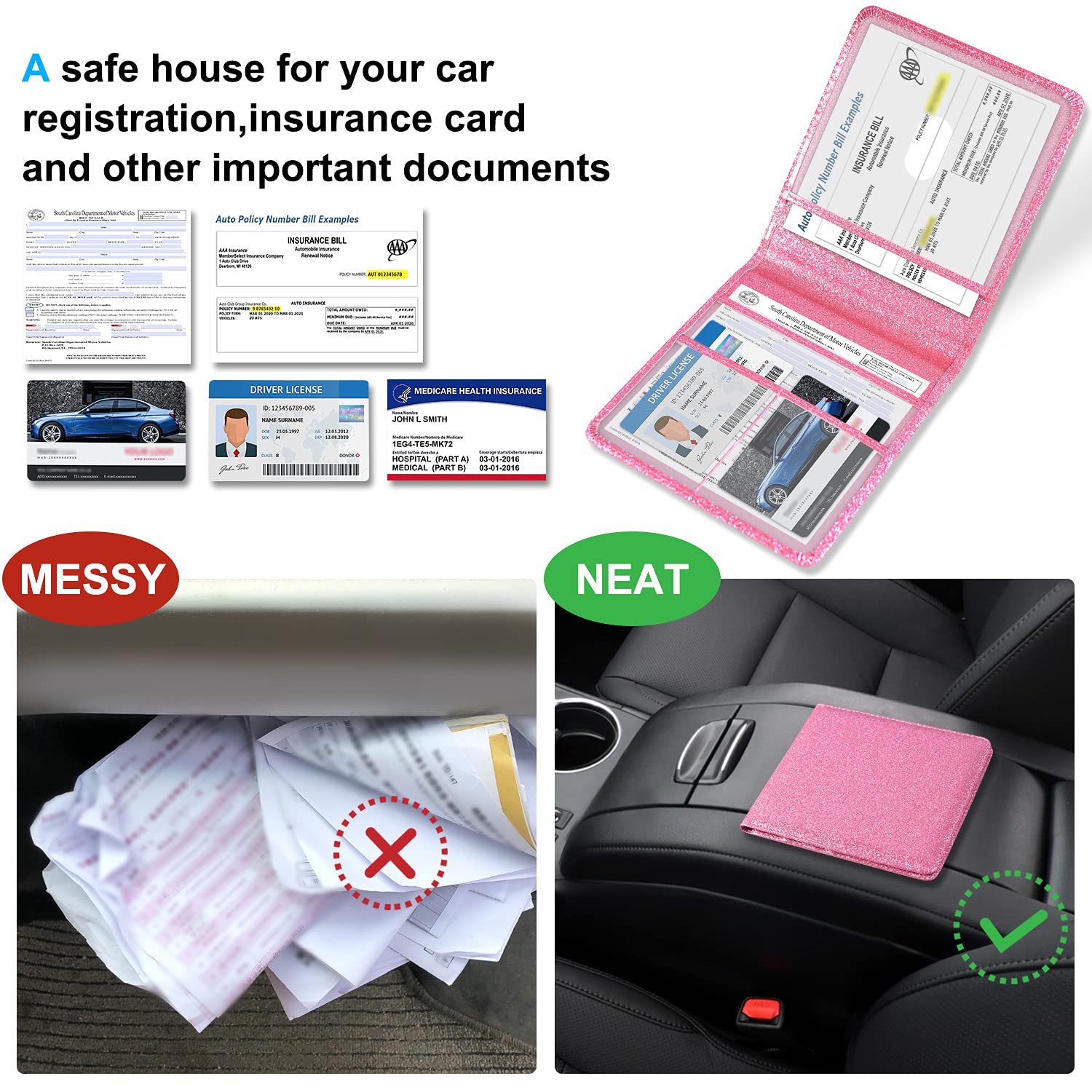 Soporte para registro y seguro de automóvil, organizador de cuero folio, guantera de documentos, accesorios para compartimento de camión para información esencial, tarjetas de licencia de 2