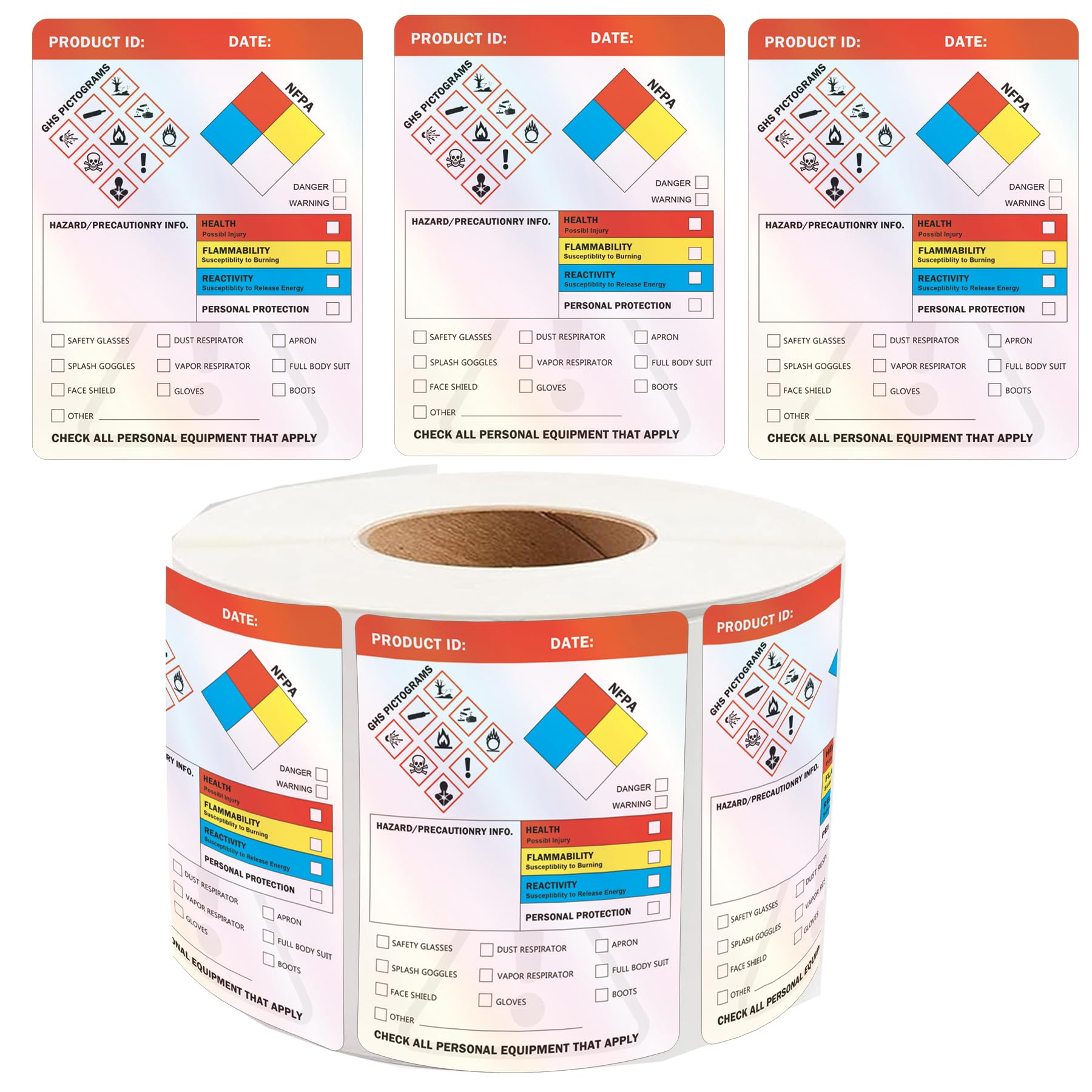 250 calcomanías holográficas HMIS OSHA de datos de seguridad química peligrosa de 4 x 3 pulgadas SDS Etiqueta de identificación de seguridad química MSDS con pictogramas GHS para HMIS y Hazard