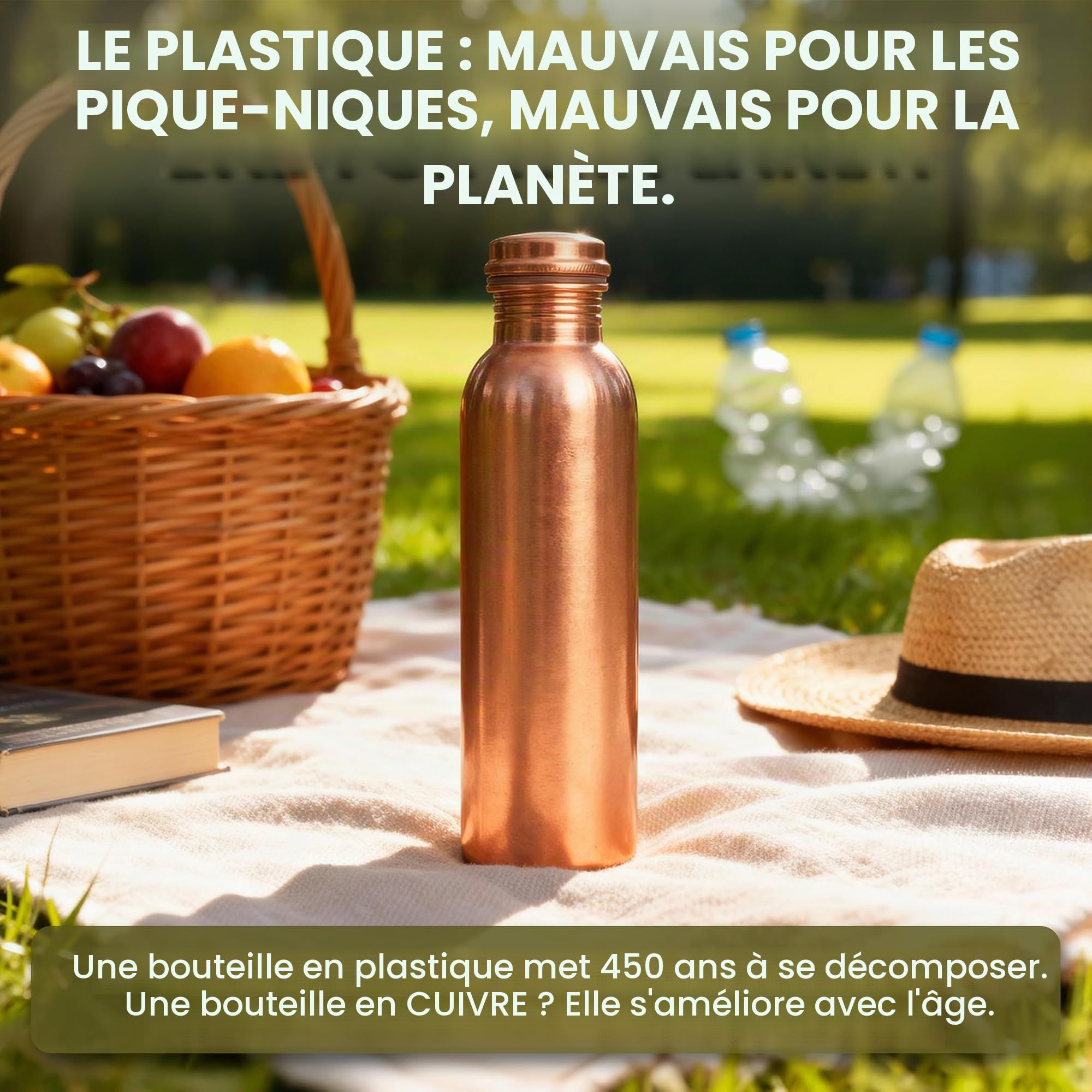 Lot de 2 bouteilles d'eau en cuivre naturel pur de 34 oz pour la salle de sport, la randonnée, la gourde ayurvédique