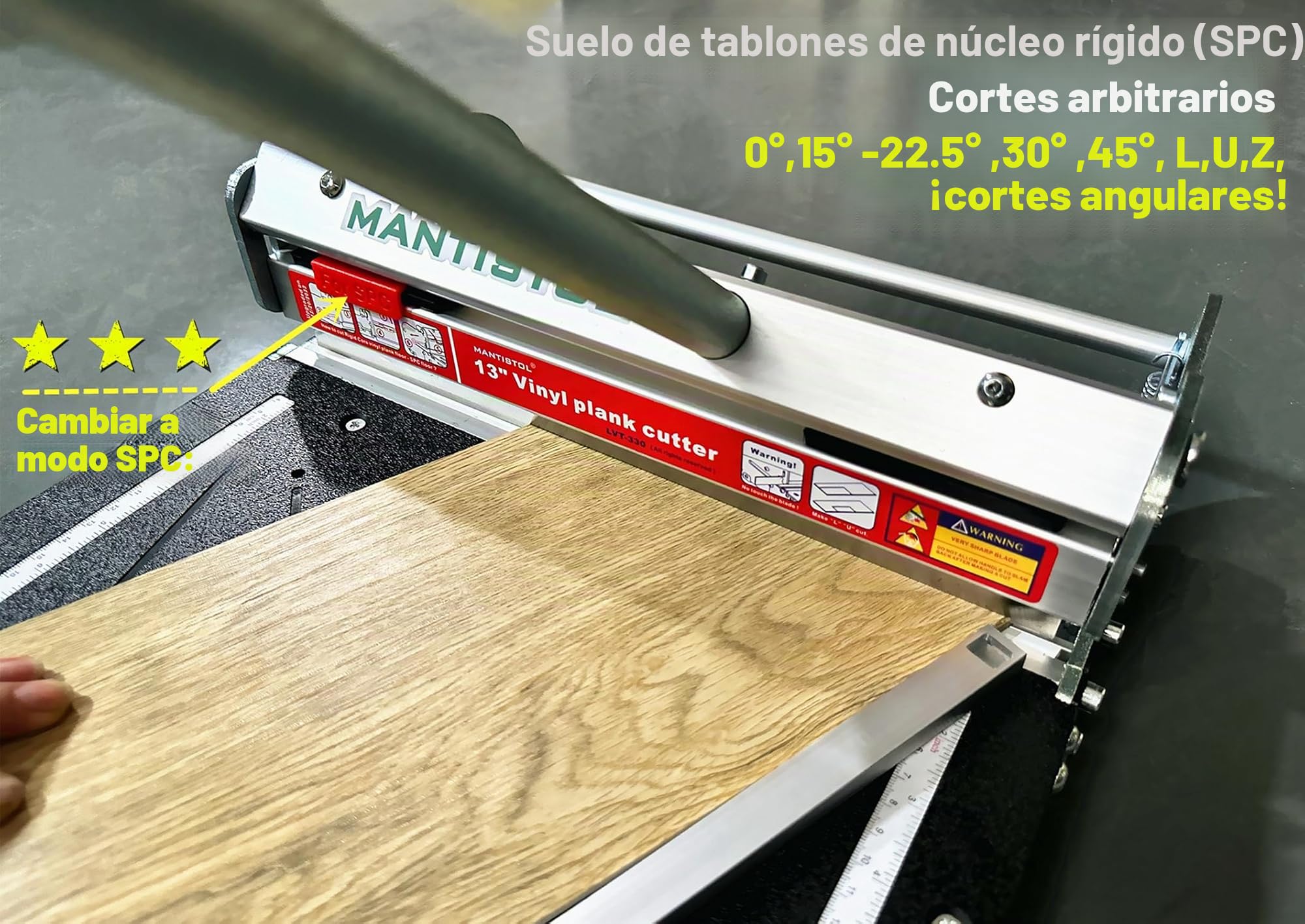Corte de suelo de vinilo rígido Pro de 13" con hoja de repuesto de 13", ¡el doble de tiempo! Corta SPC/LVT/WPC hasta 9 mm. Cortes angulares instantáneos 15/22.5/30/45. ¡Sin medición! ¡Sin conjeturas!