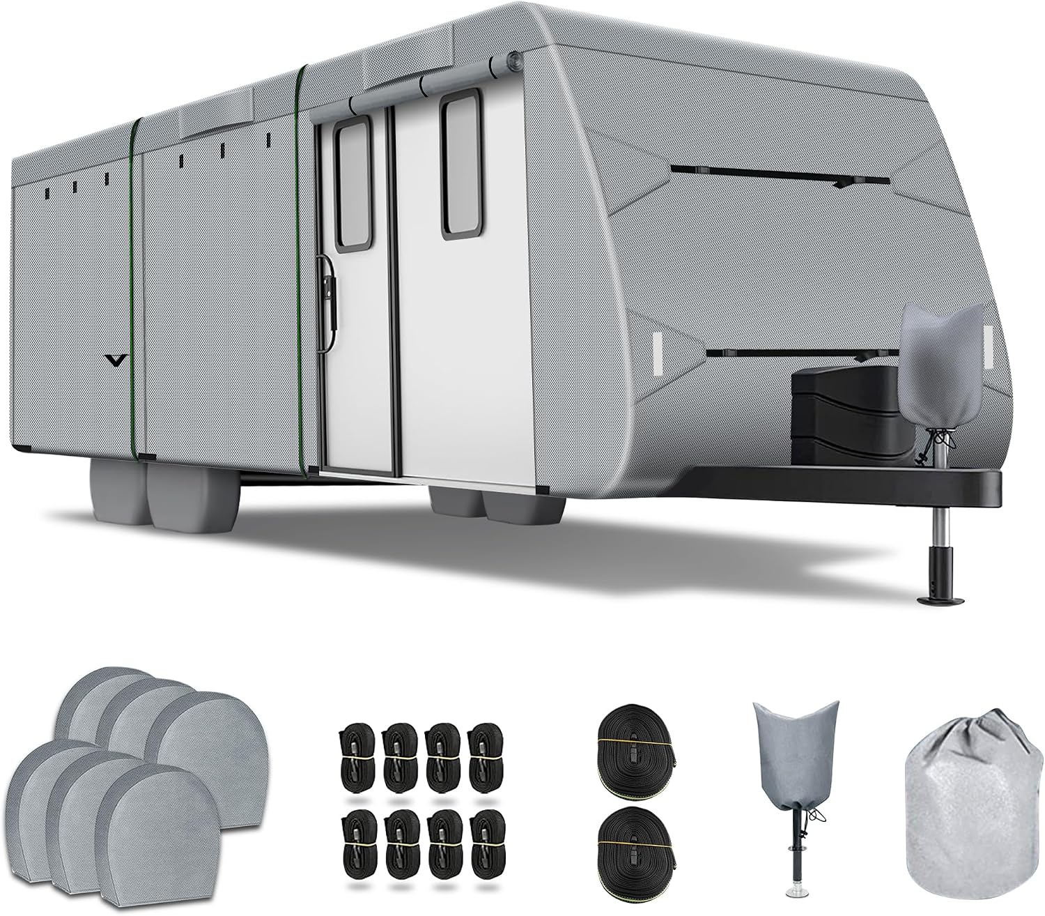 Richeer 300D Travel Trailer RV Cover, 18'-20' Wind Watertight Rip-Stop UV Resistant Travel Trailer Camping Vehicle Cover with Storage Bag Jack Cover Tire Cover Reflective Tape