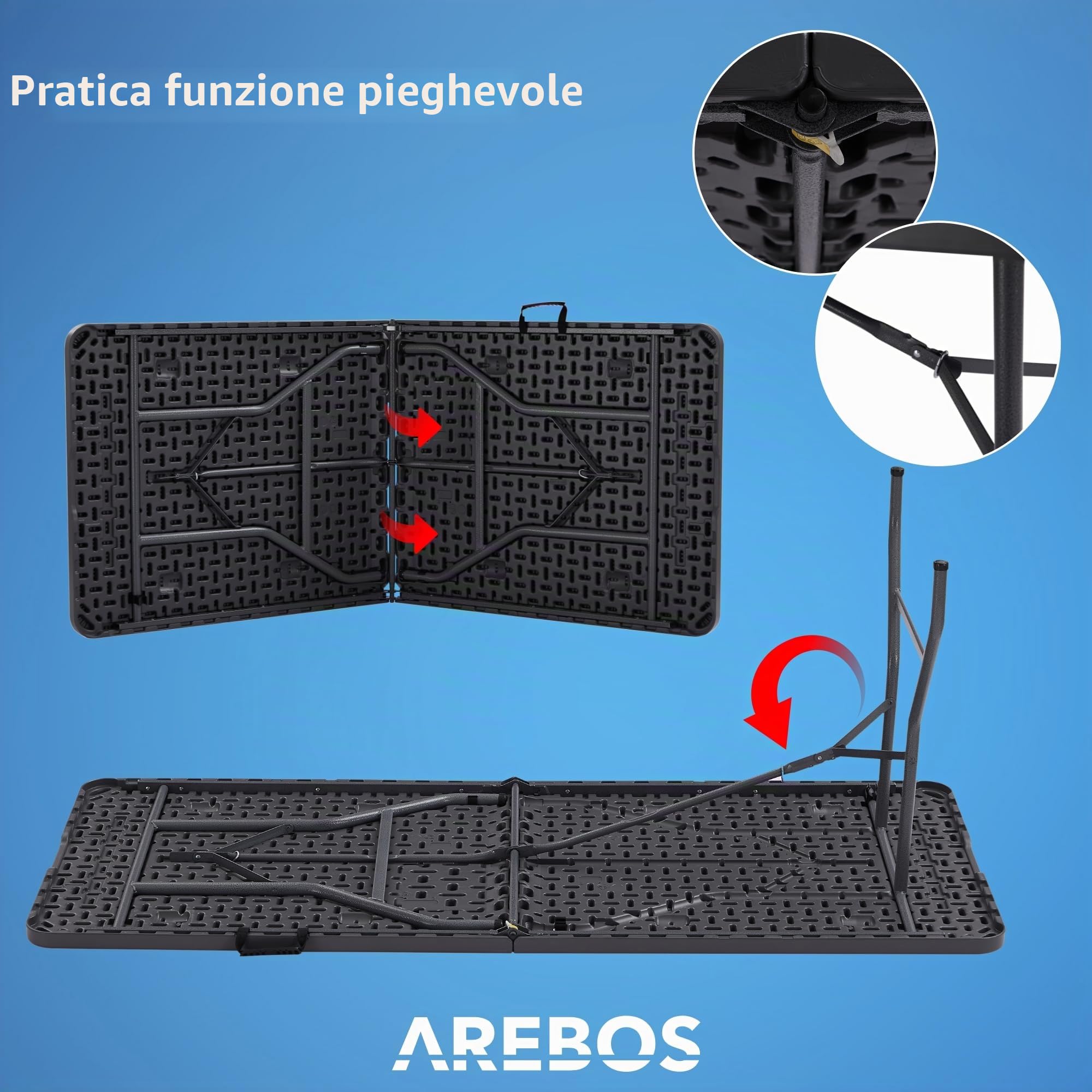 AREBOS Tavolo Pieghevole da Giardino Bianco perfetto come Tavolo da Campeggio, da Buffet, da Cucina | Tavolino Esterni Richiudibile a Valigetta con Maniglia | 182 cm | Antracite