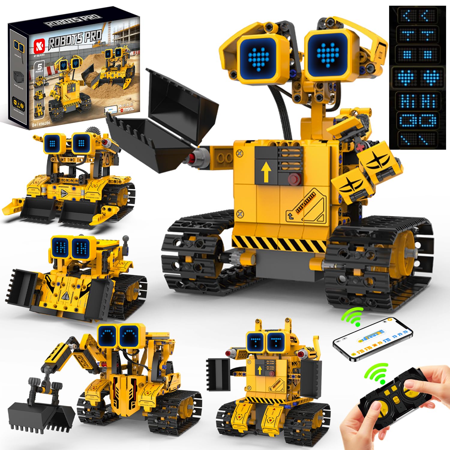 Technik Robot da costruzione per bambini, set robot programmabile 5 in 1 | App e telecomando, STEM Bulldozer, mattoncini a morsetto, 452 pezzi, regalo per bambini dai 8 ai 12 anni in su