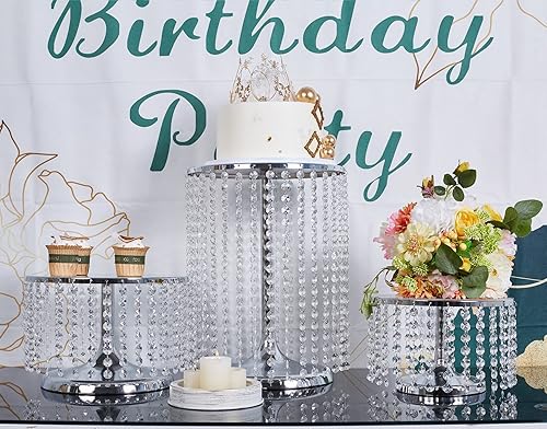 Miniatura 10 de Soporte redondo de metal para tartas con colgantes y cuentas de cristal, 12 pulgadas, soporte de decoración de pasteles dorado para mesa de postres