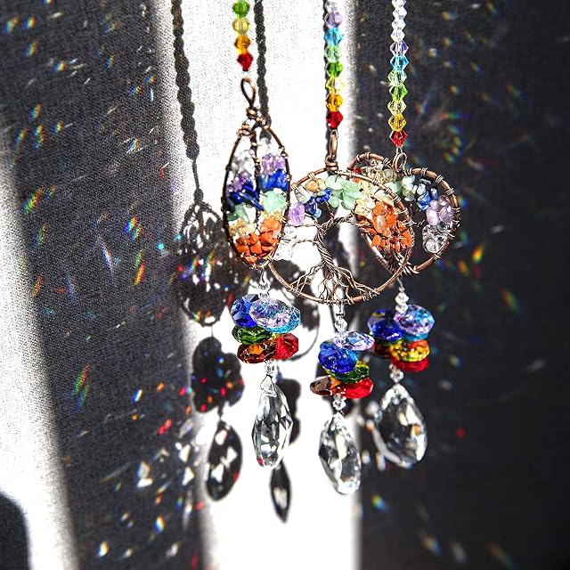 Crystal Rainbow Suncatcher Colorful Life Tree Pendant Hanging Prism Ornament for Window,Set of 3