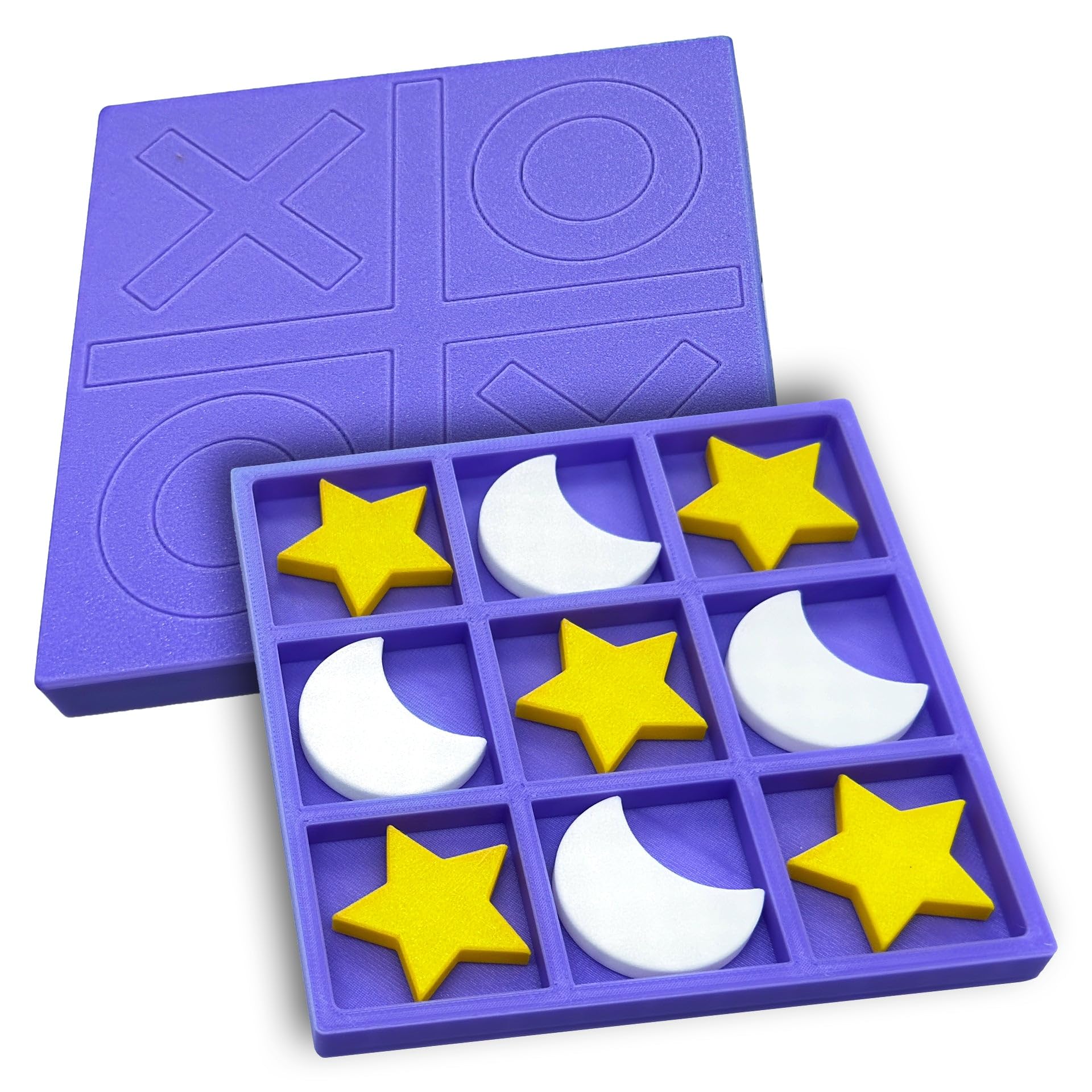 EnderToys Trendy Tic Tac Toe - Night Sky Purple with Moons and Stars (1pc), Compact Travel Size Plastic Family Board Game with Lid, 5 x 5 Inches,