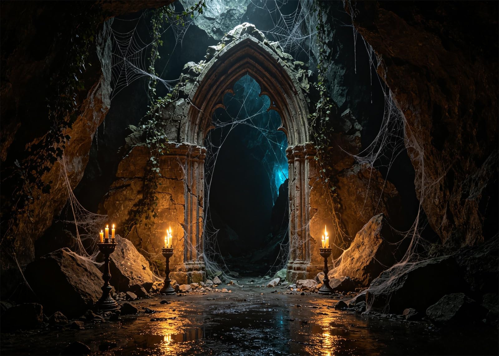 BELECO 6x3m Sfondo in tessuto Grotta Gotica Sotterranea Infestata | Grotta Ad Arco In Pietra Antica Luce Di Candele Ragnatela Sfondo Festa Halloween Telo Di Sfondo