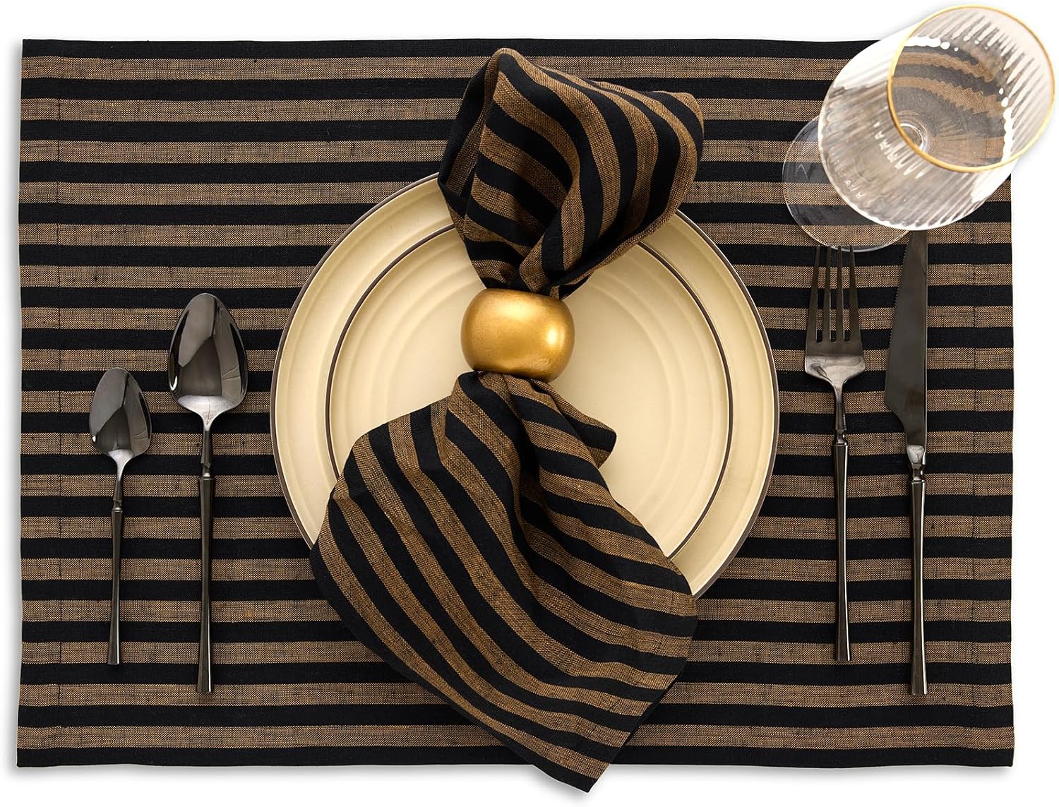 Solino Home Linen Placemats Set of 4 - Amalfi Stripe Brown Sugar and Black Placemats 14 x 19 Inch - 100% Pure Linen Place Mats