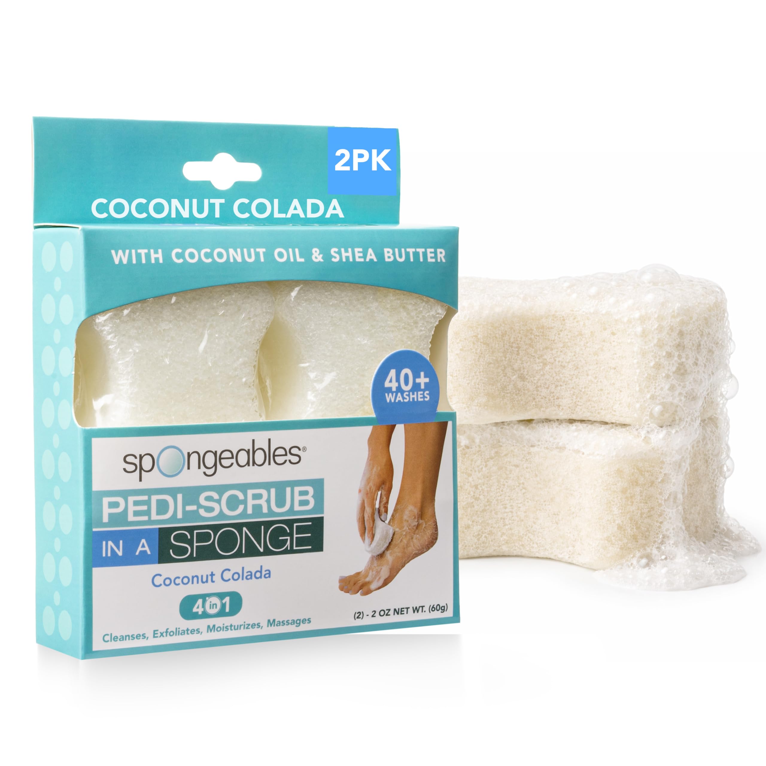Spongables Pedi Scrub Foot Exfoliating 5+ Wash Travel Sponge, Coconut Colada, 2 Count