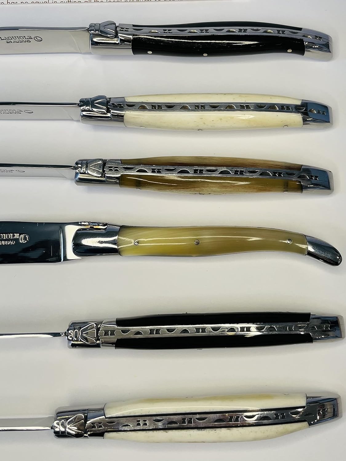 Laguiole en Aubrac Luxury Fully Forged Full Tang Stainless Steel Steak Knives 6-Piece Set with Mixed Horn Handles, Stainless Steel Shiny Bolsters