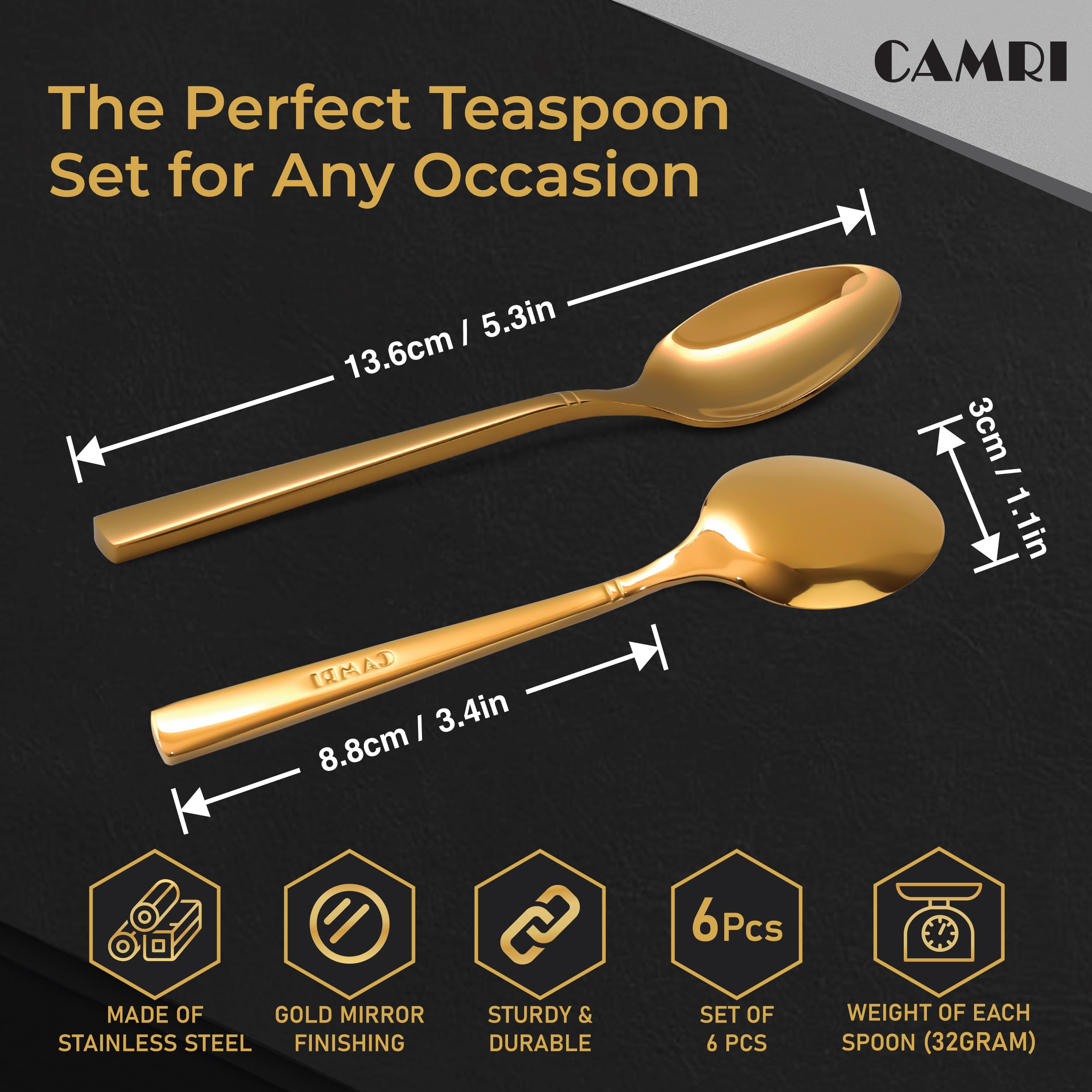 CAMRI Gold Teaspoons Set of 6, Stainless Steel Tea Spoons, 5.3 inches, Golden Mirror Finishing Teaspoon for Dessert & Coffee - Image 2