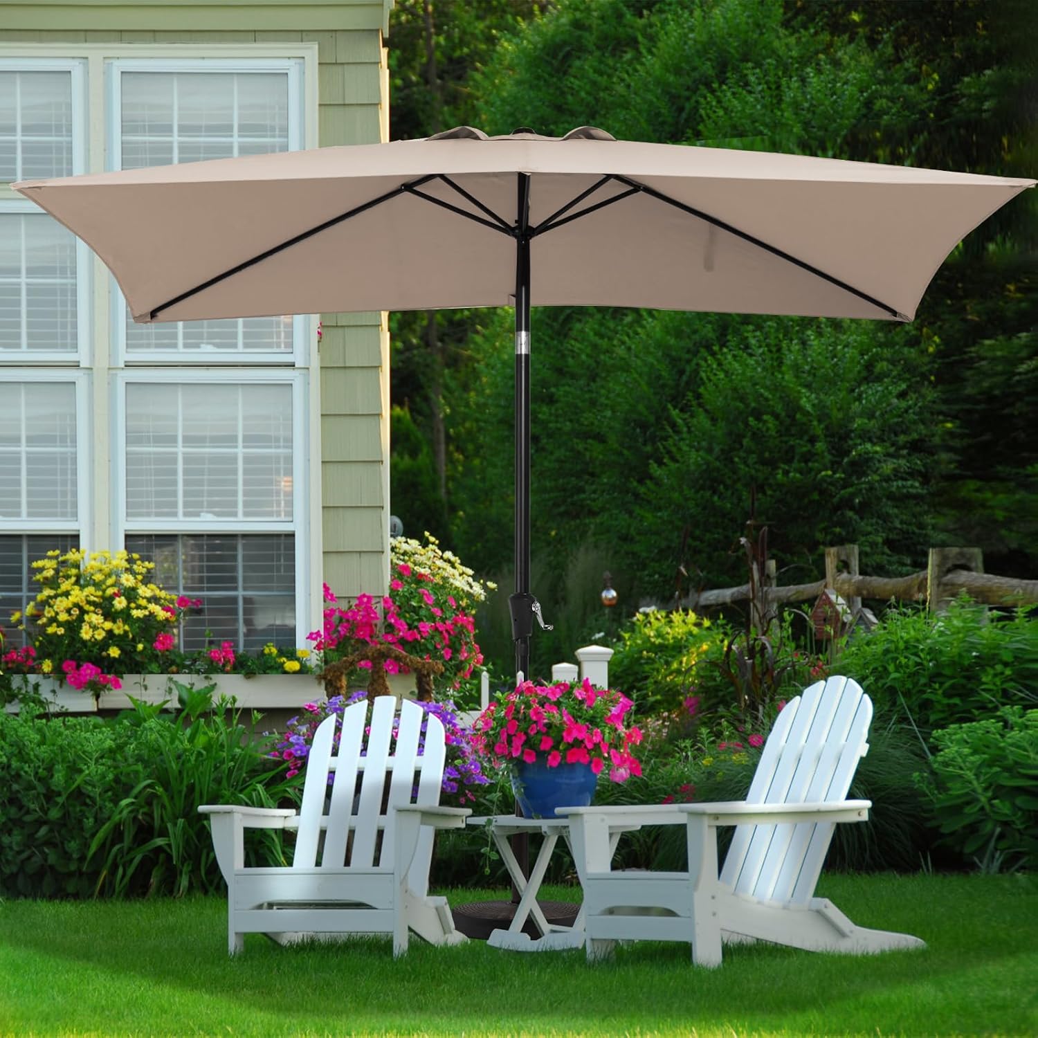 MEWAY Rectangular Patio Umbrella Outdoor Umbrella with Push Button Tilt and Crank Lift System, Market Umbrella 6 Sturdy Ribs UV Protection for Table, Deck, Pool, Backyard, Garden(6.5x10 ft, Beige)