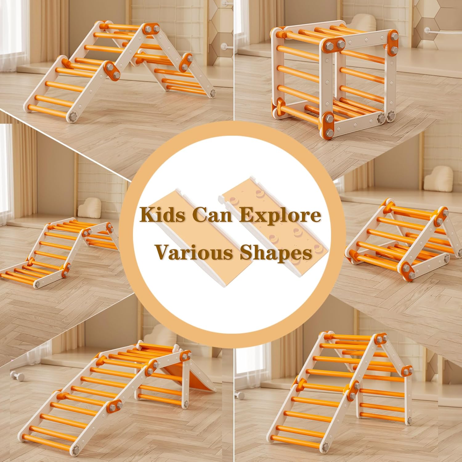 Slide Compatible Toddler Climbing Toys,Kids Pikler Triangle Set,Multifunction Foldable Indoor Kids Gym(Orange)