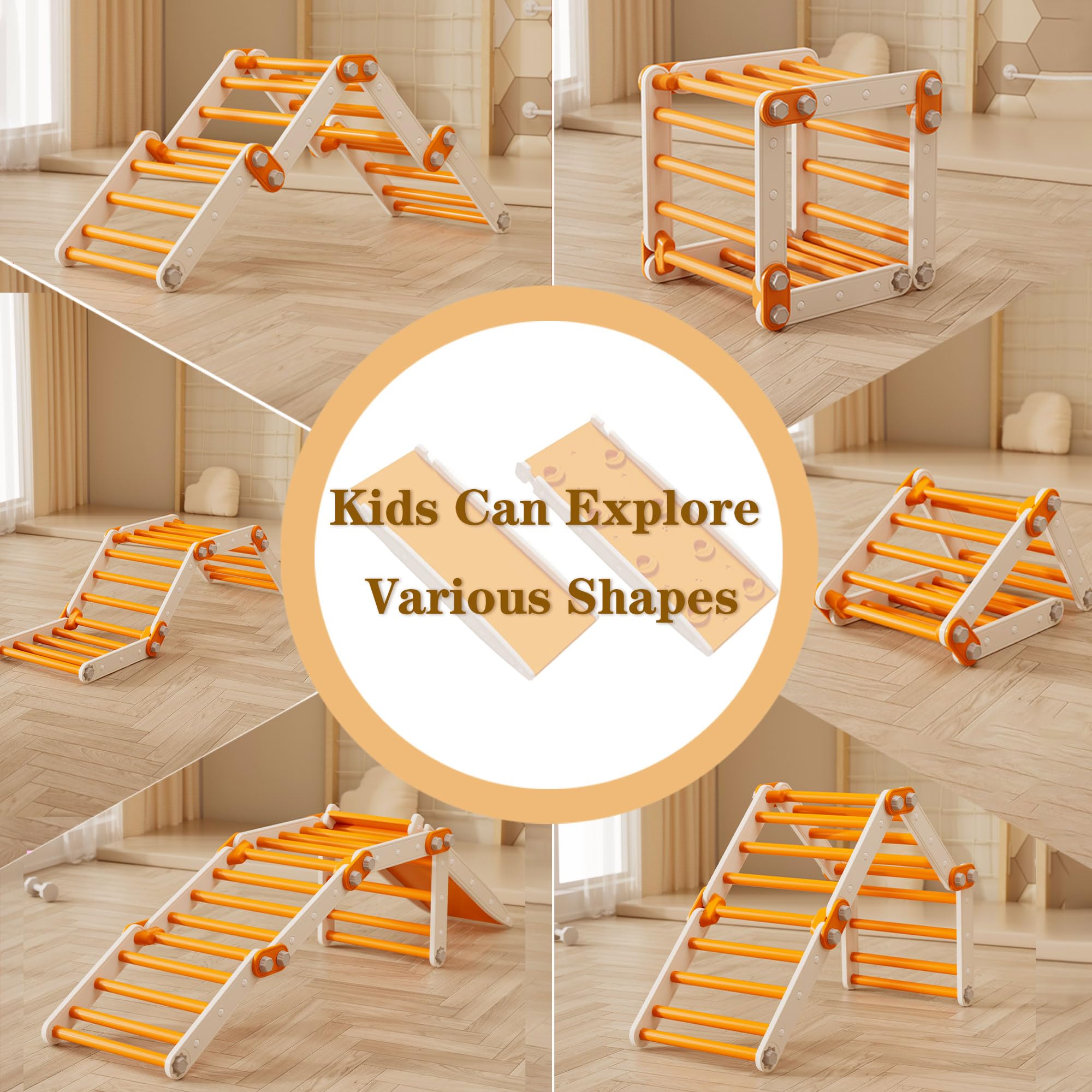 Juguetes de escalada compatibles con diapositivas, juego de triángulos Pikler para niños, multifunción plegable para interiores (naranja) 4