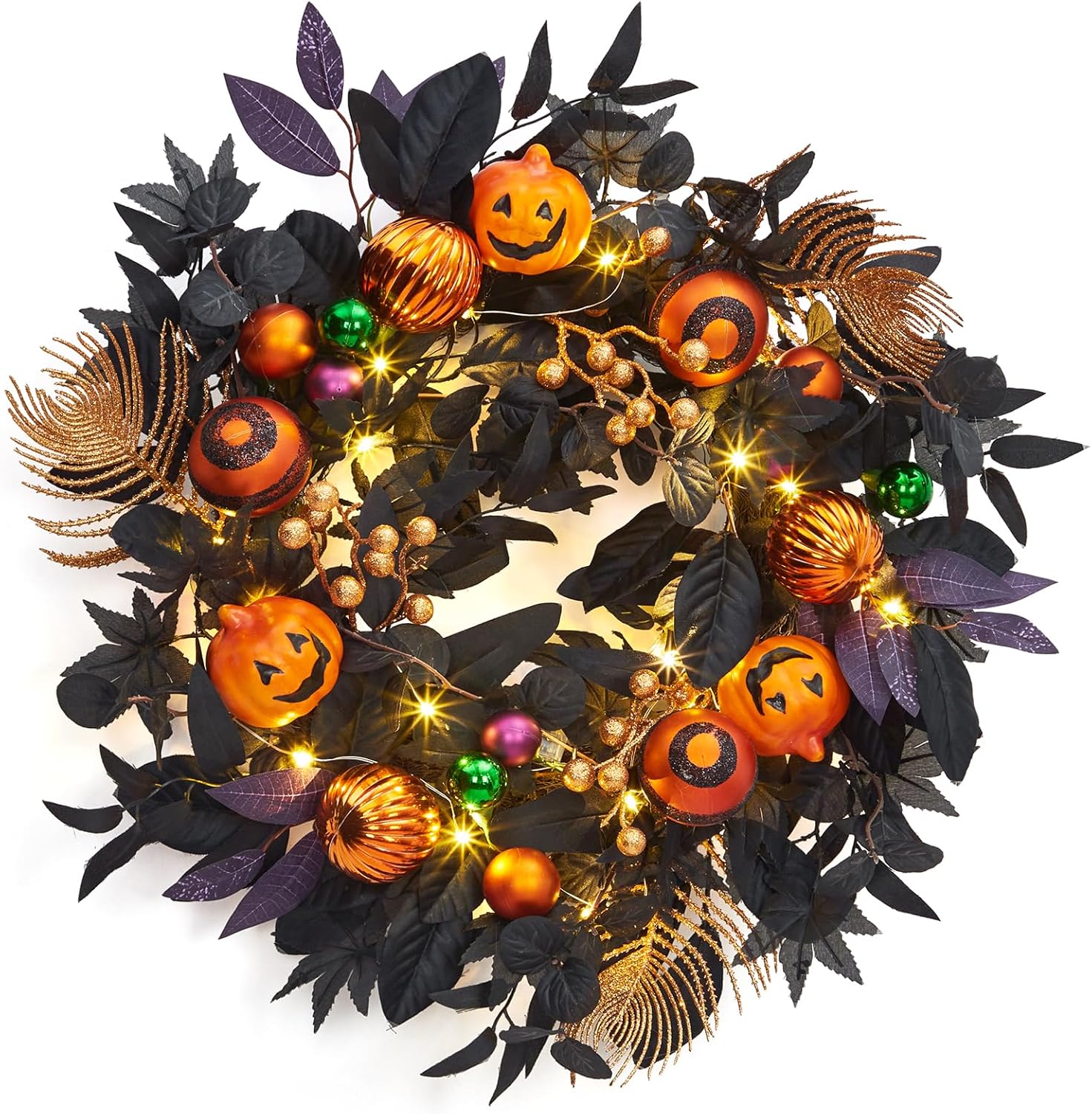 Adeeing Halloween Wreath for Front Door, 20 Inch Light Up Pumpkin Wreaths with 20 LED Lights Ball Ornaments Berries, Prelit Halloween Decorations for Indoor Outdoor Window Decor Black Orange