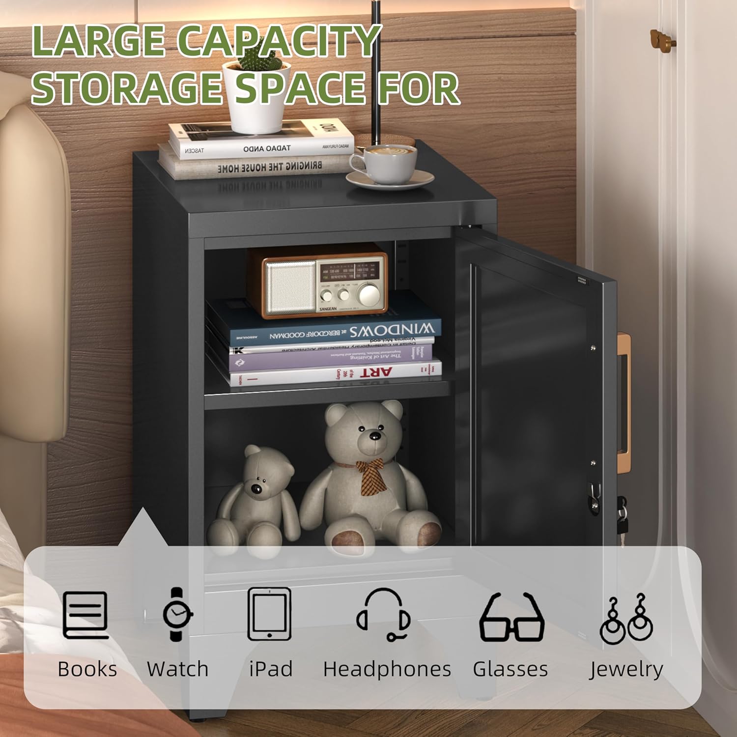 Metal Locker Nightstand , Small Locking Cabinet with Lock and Adjustable Shelf, 23.6''H Black Modern Night Stand, Small Side Table, Bedside End Table for Home, Bedroom, Office, Assembly Required