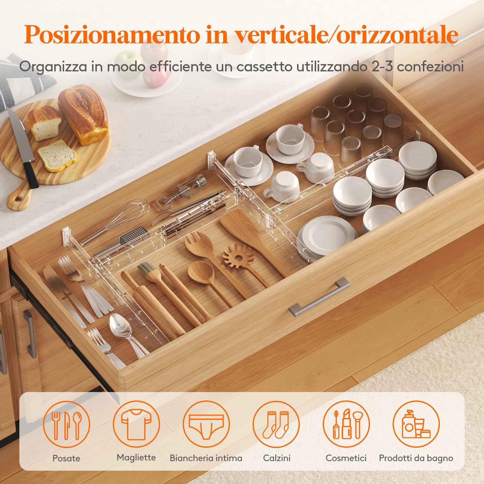 Lifewit Divisori per Cassetti Cucina Alti 6cm, 40 -56cm, Organizer Regolabili per Utensili, Vestiti e Trucchi, Separatori per Cassetti in Plastica per Camere da Letto, 4 Pezzi, Trasparente