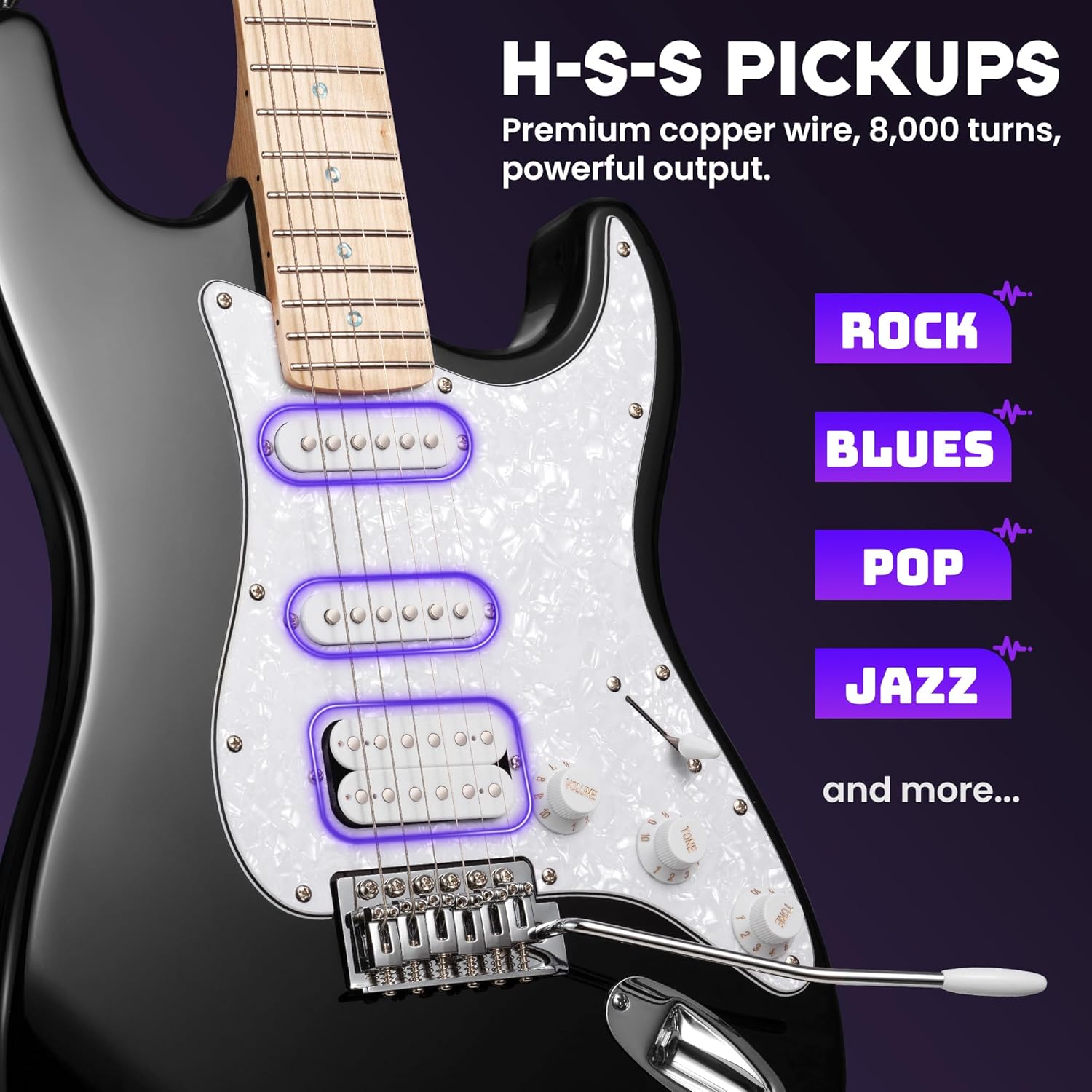 CAHAYA Electric Guitar Set Beginner - 39in Starter Guitar Kit with HSS Pickup Solid Okoume Body Electric Guitar Adults with Amplifier Gig Bag Strap Picks Strings Cable Black