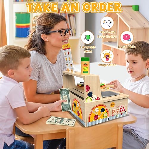 Miniatura 5 de Juguete de pizza de madera  48 piezas Montessori pretender Play Food para mayores de 3 años, juguete educativo de aprendizaje de madera con horno