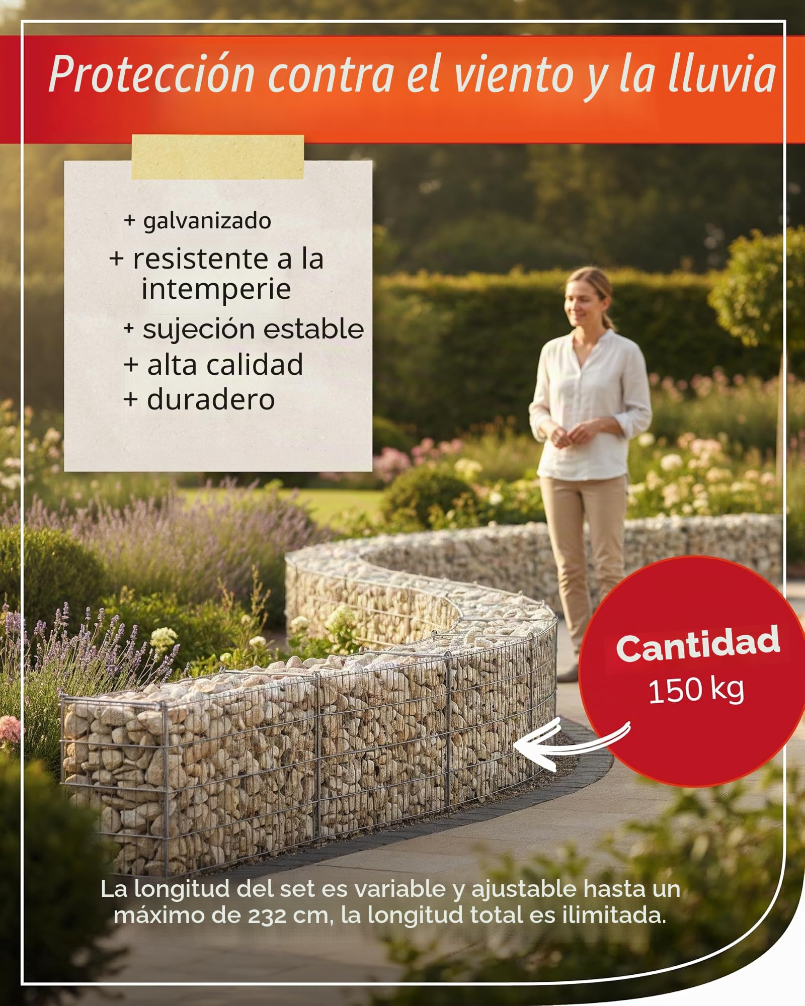 Bellissa - Juego de pared para gaviones (95550) - Muro-Gabion, jaulas de piedra de longitud ajustable, kit escalable - 232 x 10 x 40 cm