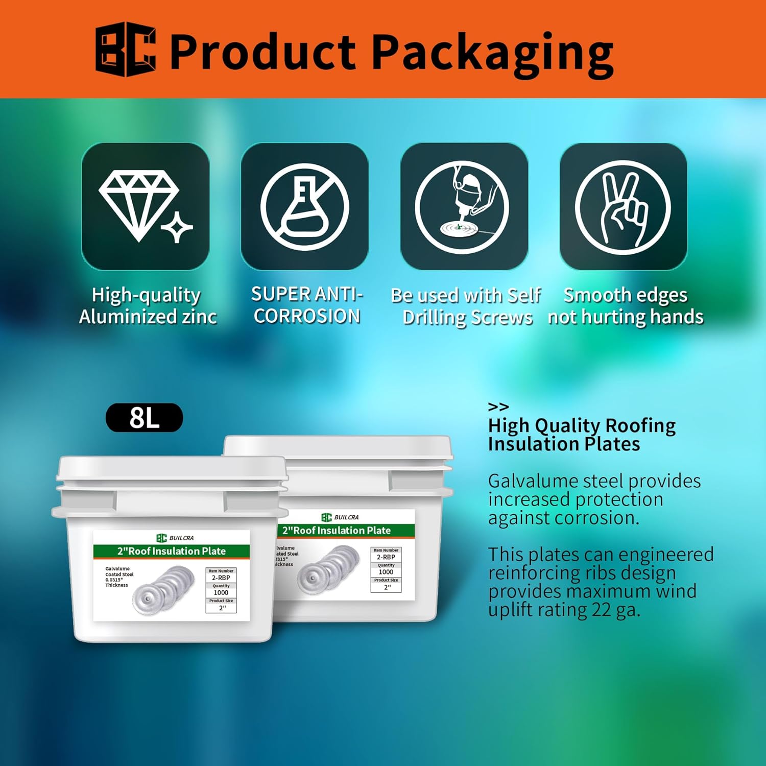 Roofing Insulation Plates - 1,000Pc Round Metal Plates for Tpo/PVC Membrane, Compatible with Self-Drilling Screws, Aluminized Zinc Coating, Ideal for Metal Roofing and Roofing Materials