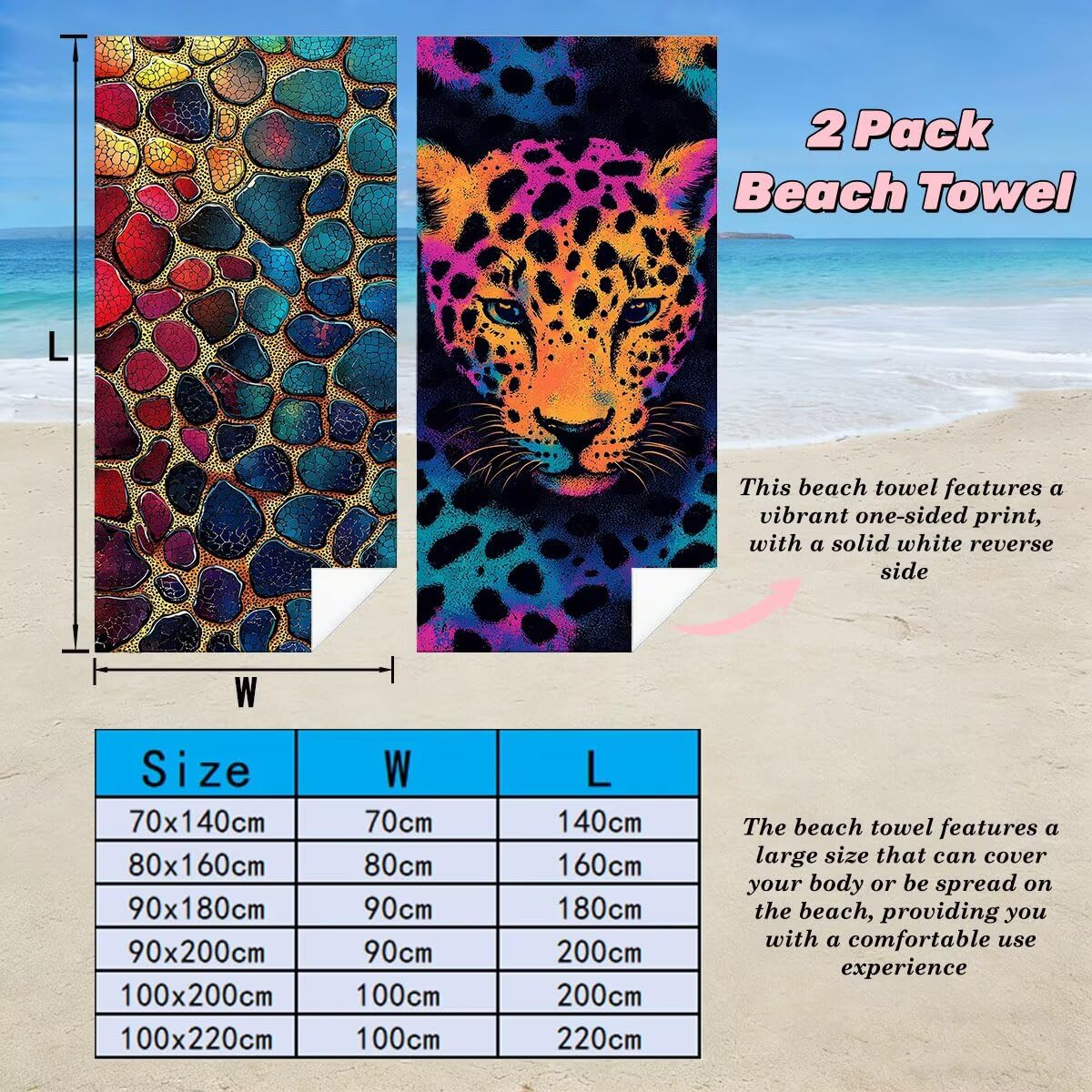 Ręcznik plażowy XXL, 90 x 180 cm, zestaw 2 sztuk, z mikrofibry, ręcznik plażowy w panterkę, szybkoschnący, do sauny, fitness, bez piasku, ręcznik plażowy, do sauny, duży ręcznik kąpielowy, prezent dla