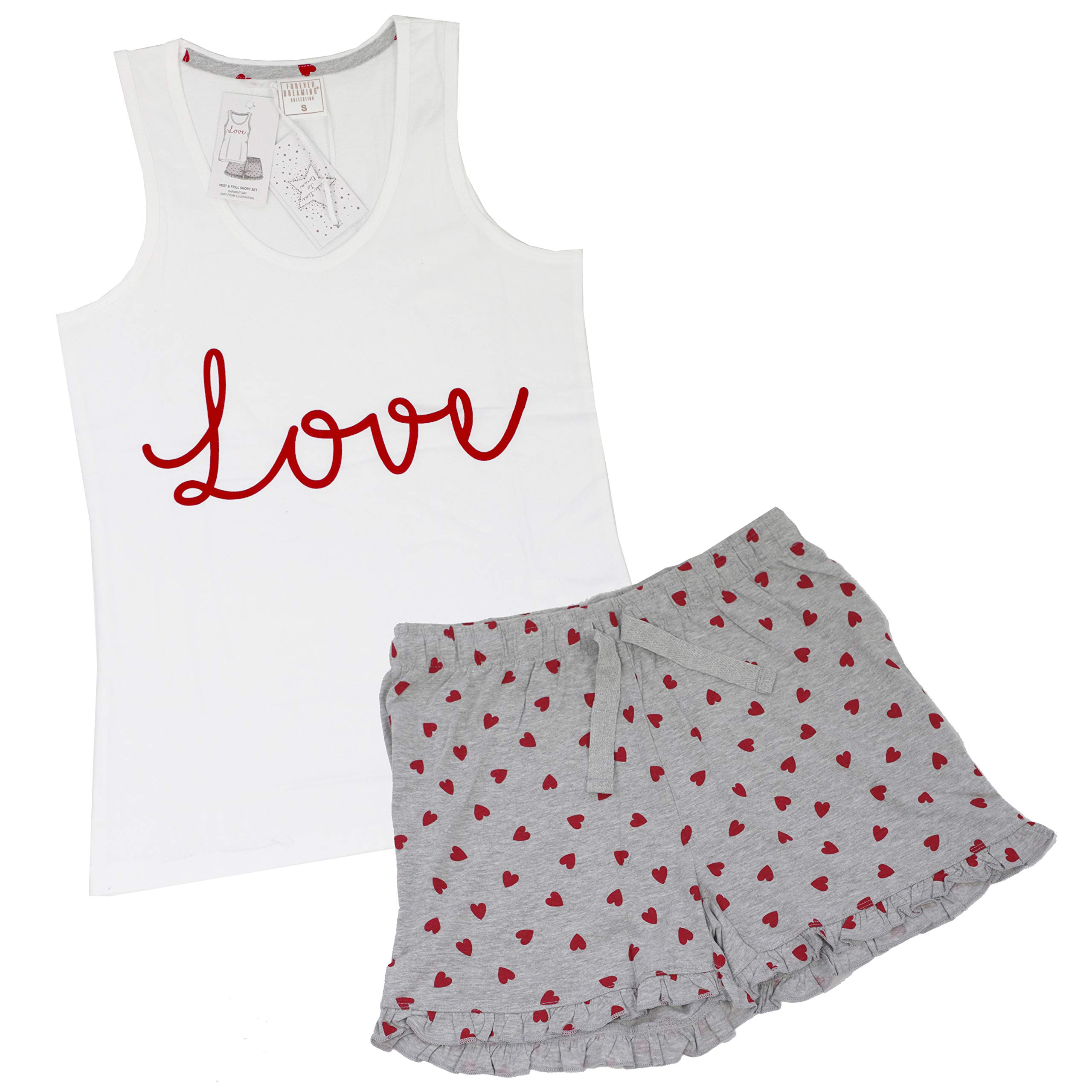 WS-SS21 Ladies 100% Cotton Pyjama Set Vest Top & Shorts Hearts White Size M
