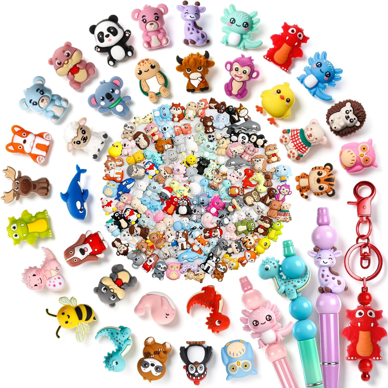 Ferreve 120 Pcs 3D Animal Silicone Focal Beads for Pens, Keychain Making, Focal Beads Bulk for Beadable Keychain DIY Crafts Bracelet Necklace Phone Chain Charms Jewelry Making (Classic Style)
