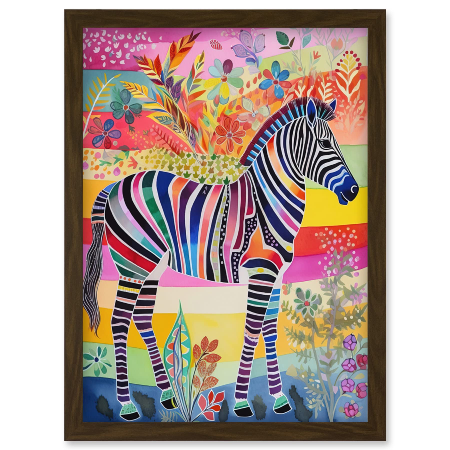 Artery8 Zebra Rainbow Floral Abstract Folk Art Framed Wall Art Print A4