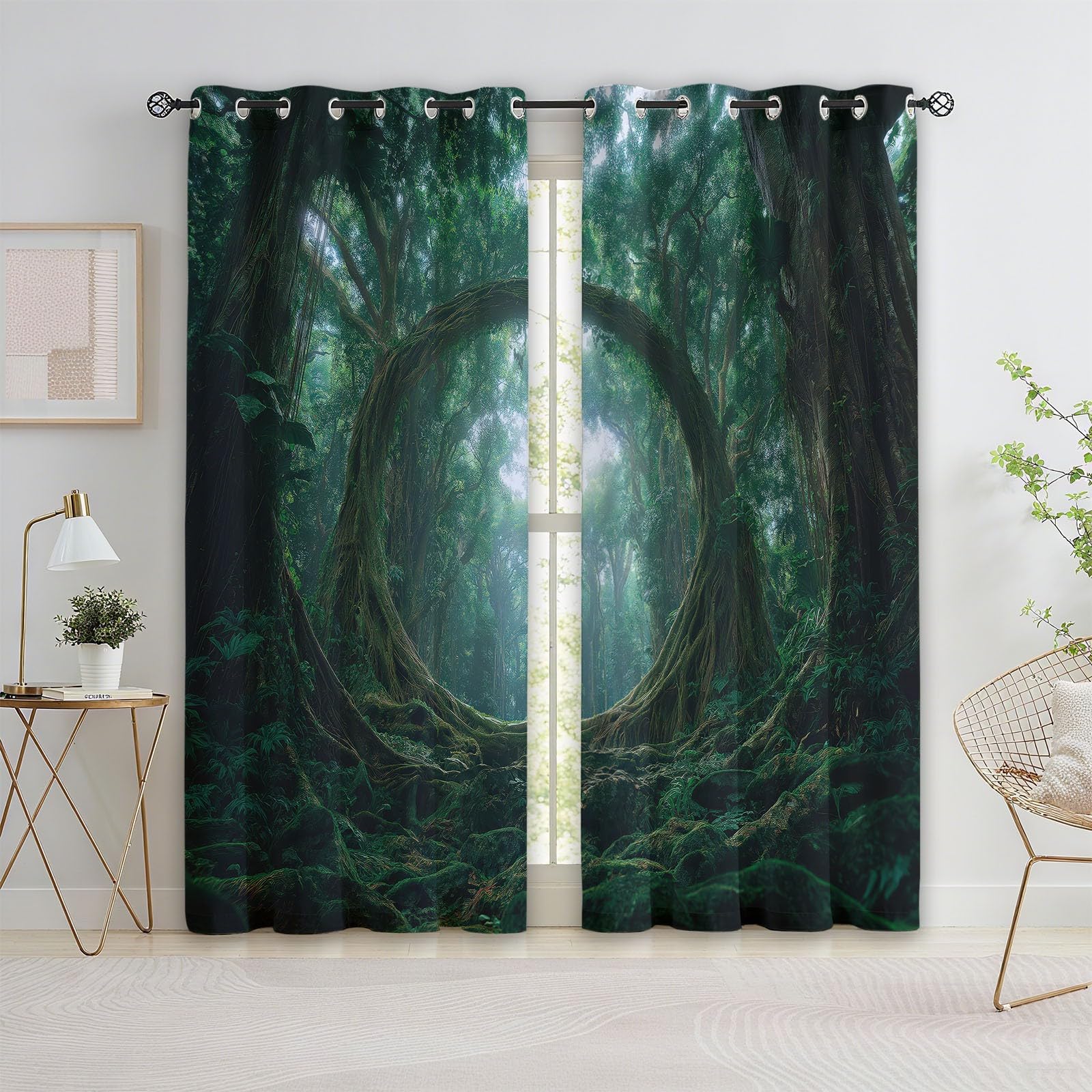 Zasłona nieprzejrzysta na przelotkach, bajeczna dżungla, magiczny las, zasłona zaciemniająca, do salonu, wys. 214 x szer. 183 cm, zielona, poliester, izolacja akustyczna, do pokoju
