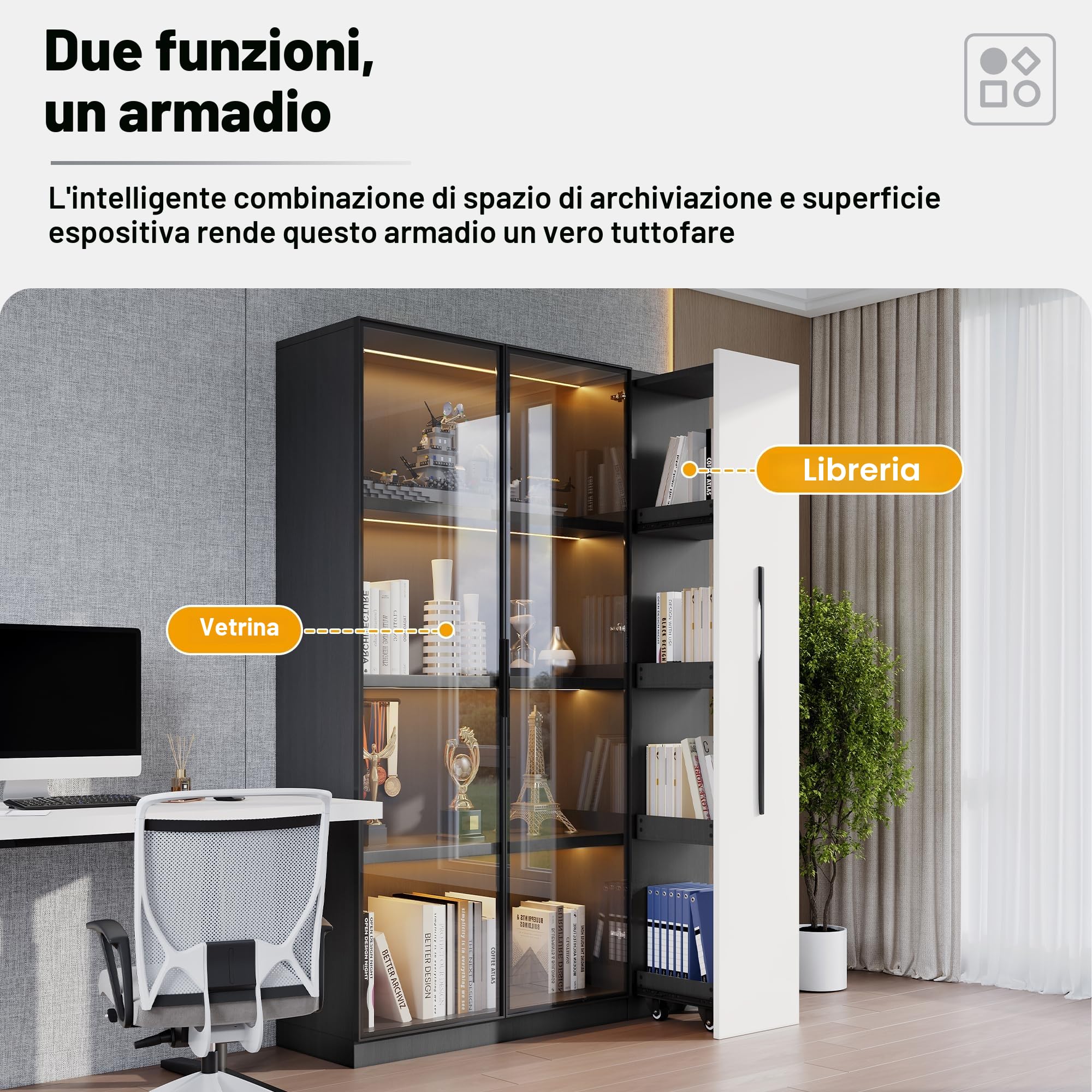 Armadio multifunzione/alto/da sala da pranzo 110,5 x 35 x 160 cm, vetrina con anta in vetro e LED, estensione laterale, design in bianco e nero, stile moderno, (nero, 110,5 x 5 x 160 cm)
