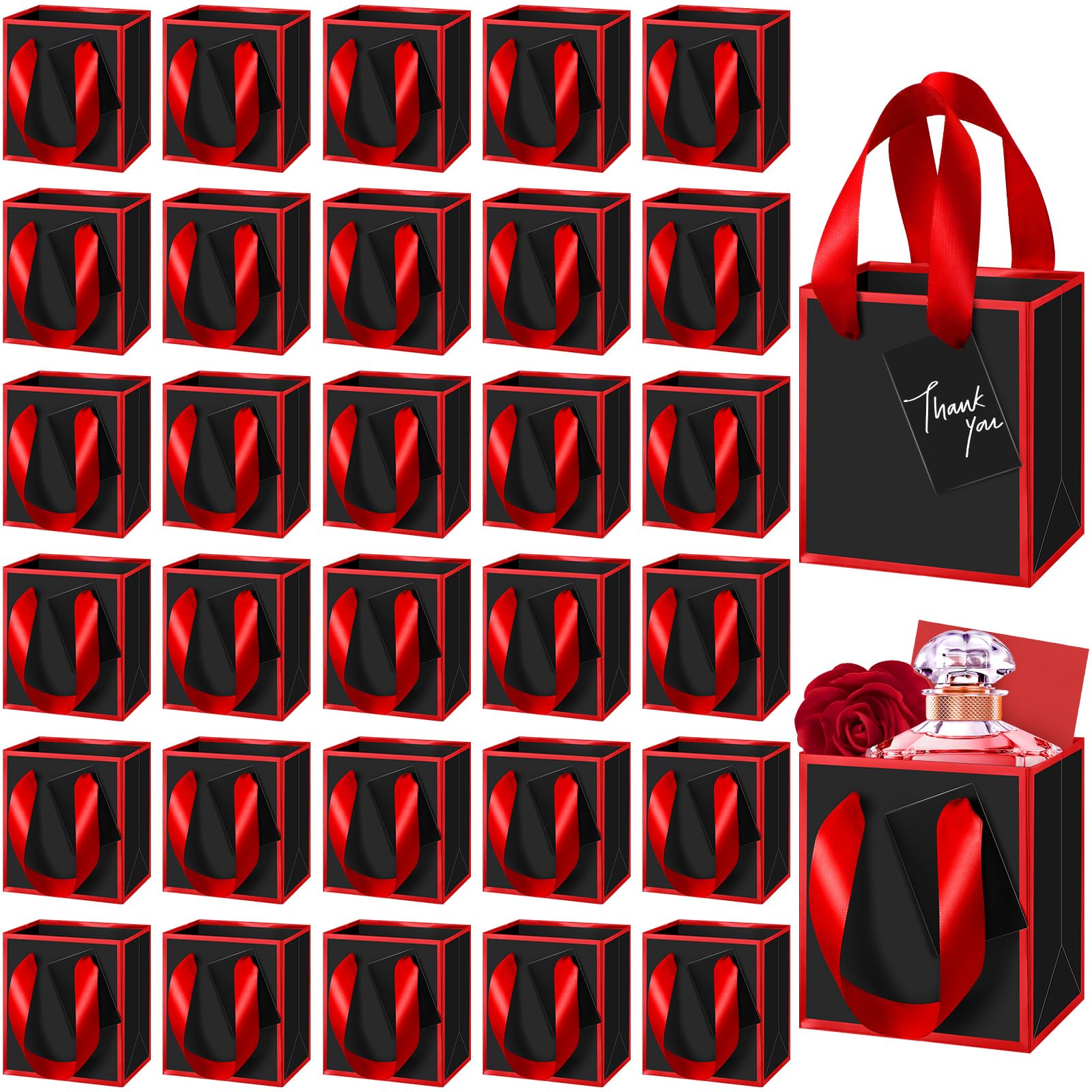 Yeaqee 25 Pcs Mini Paper Gift Bags with Handles Tag, Black, Red